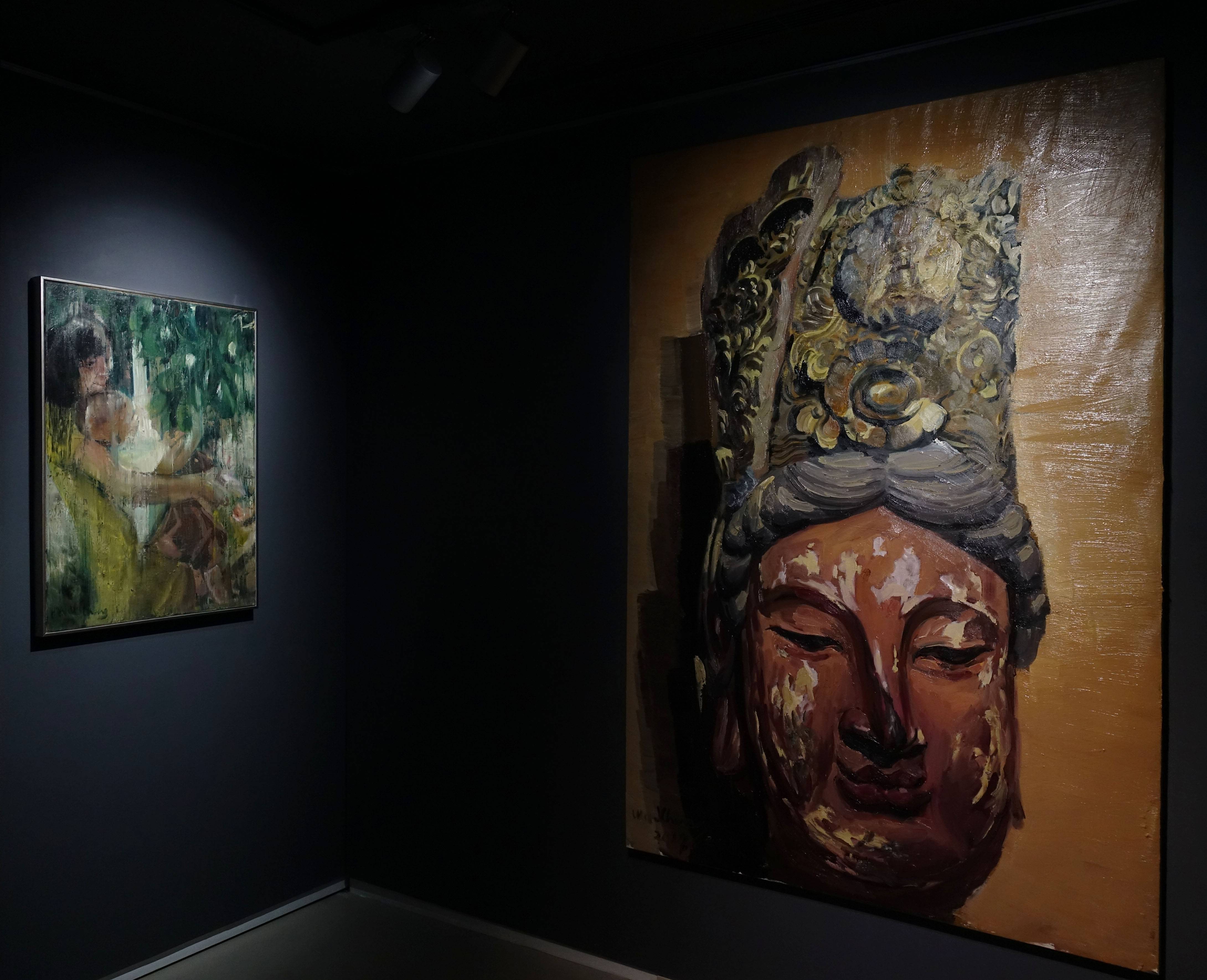 巫日文，《弄兒》，oil on canvas，65x91cm，2013(左)。巫日文，《觀想》，oil on canvas，132x192cm，2018(右)。