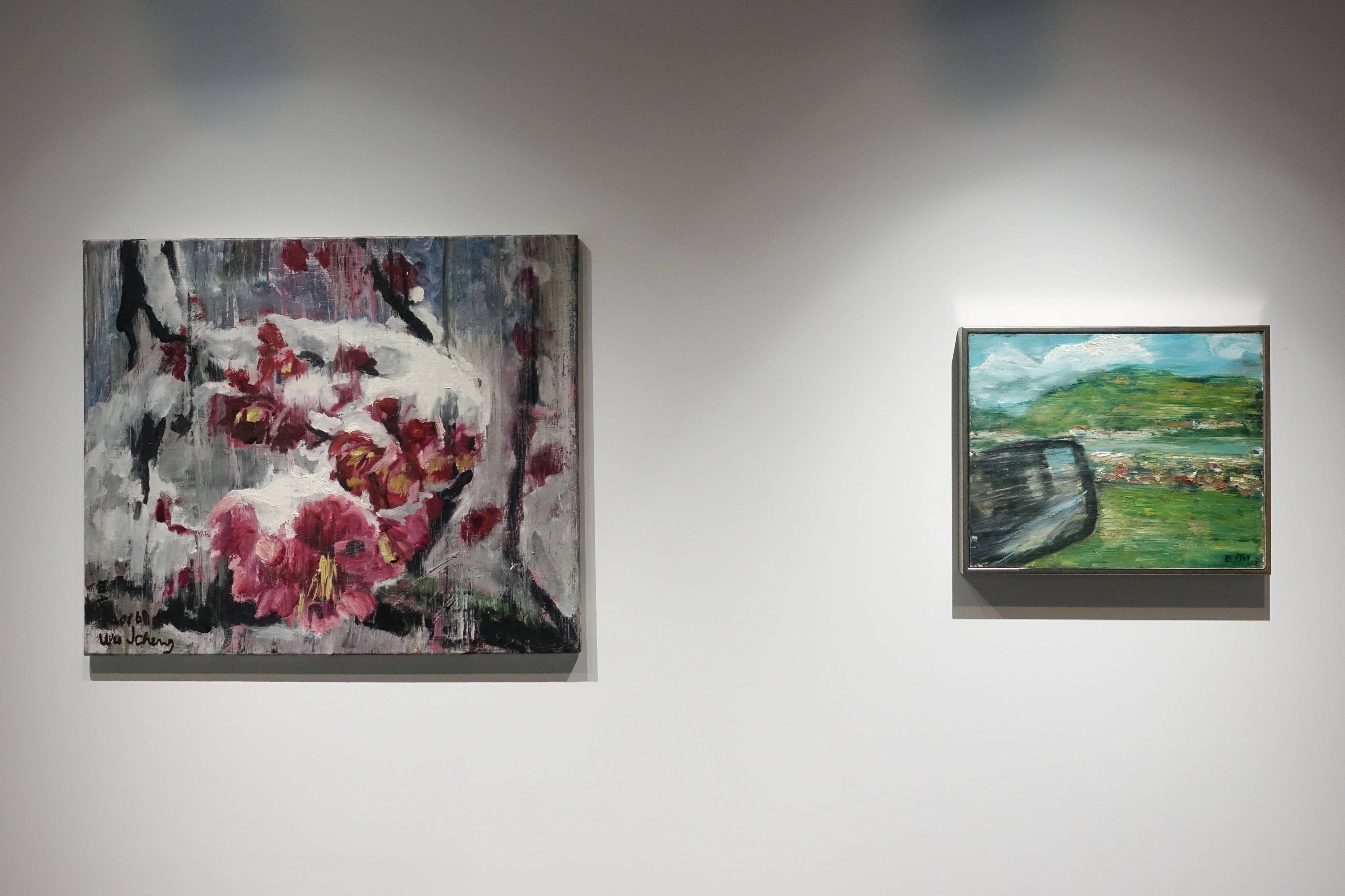巫日文，《雪花》，oil on canvas，73x61cm，2016(左)。巫日文，《隆河葡萄園》，oil on canvas，41x33cm，2012(右)。