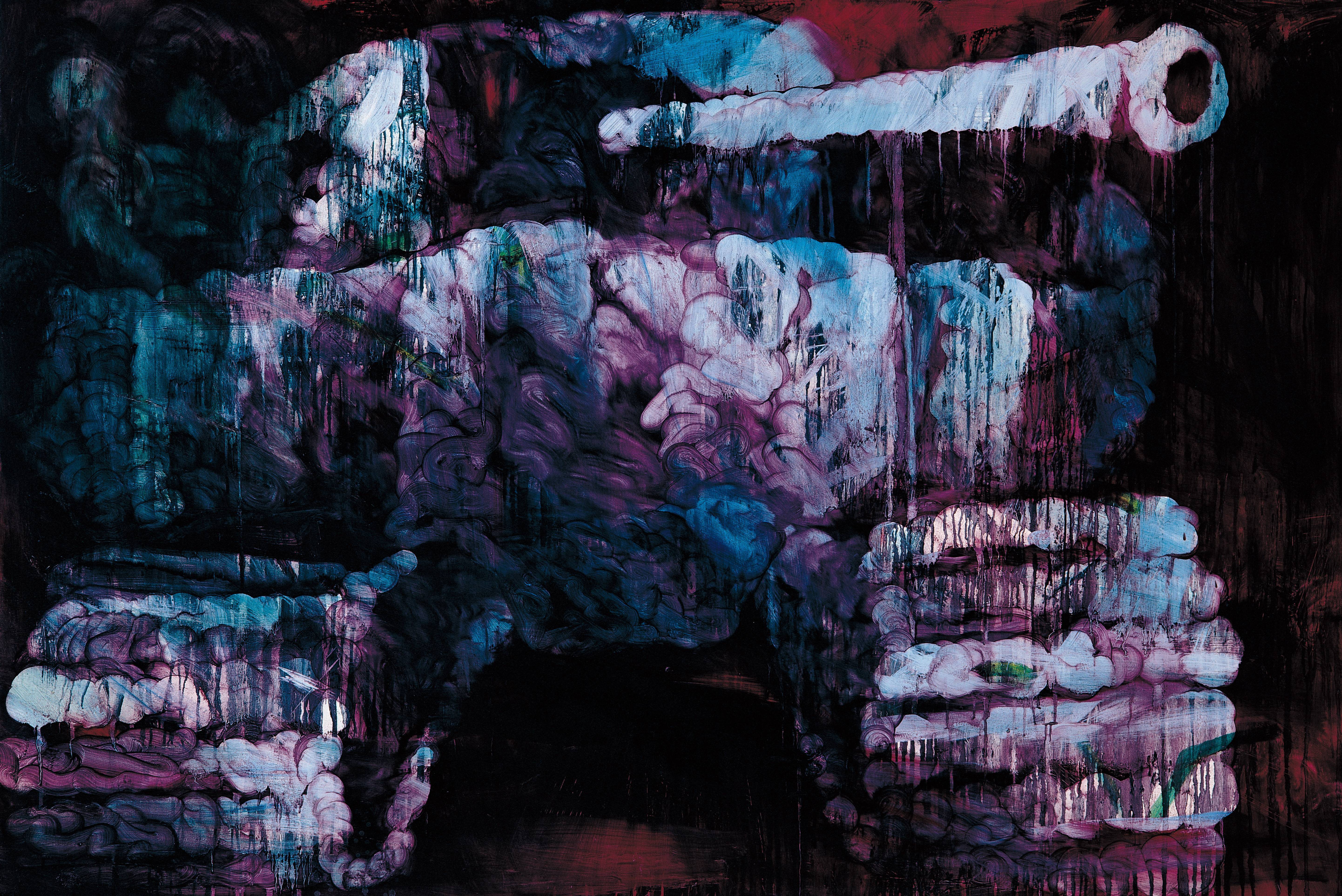 常陵|五花肉系列-肉兵器-拼裝坦克|2008|油彩|130x194cm