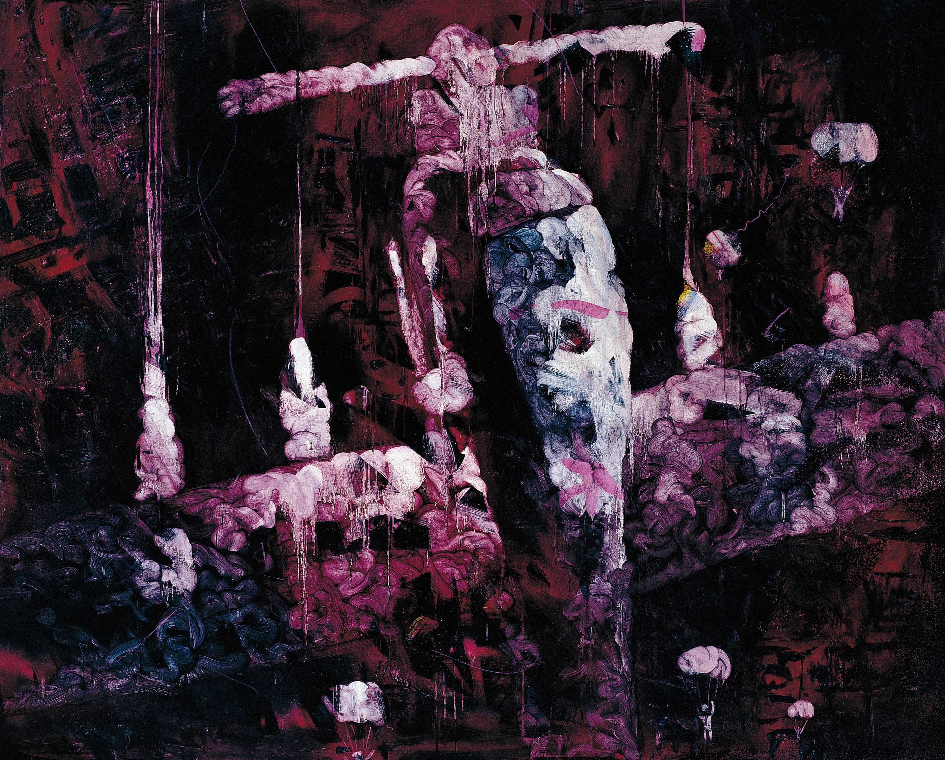 常陵|五花肉系列-肉兵器-傘兵空降|2008|油彩|182x227cm