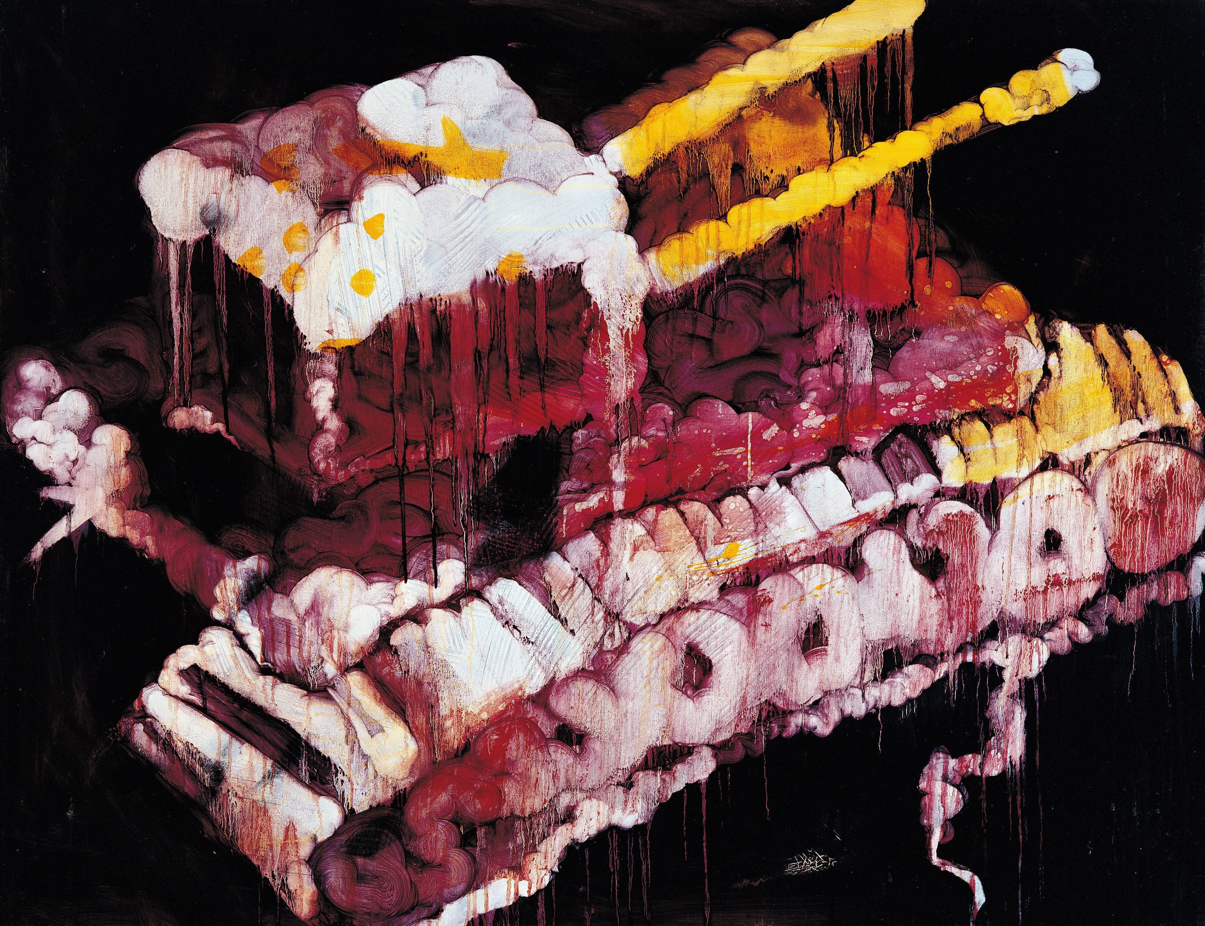 常陵|五花肉系列-肉兵器-雙管坦克|2007|油彩|112x145.5cm