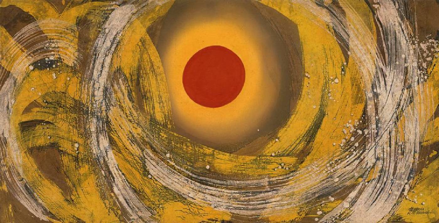 黃歌川，創世紀，64x125cm，1970。(冰裂紋蠟染畫)