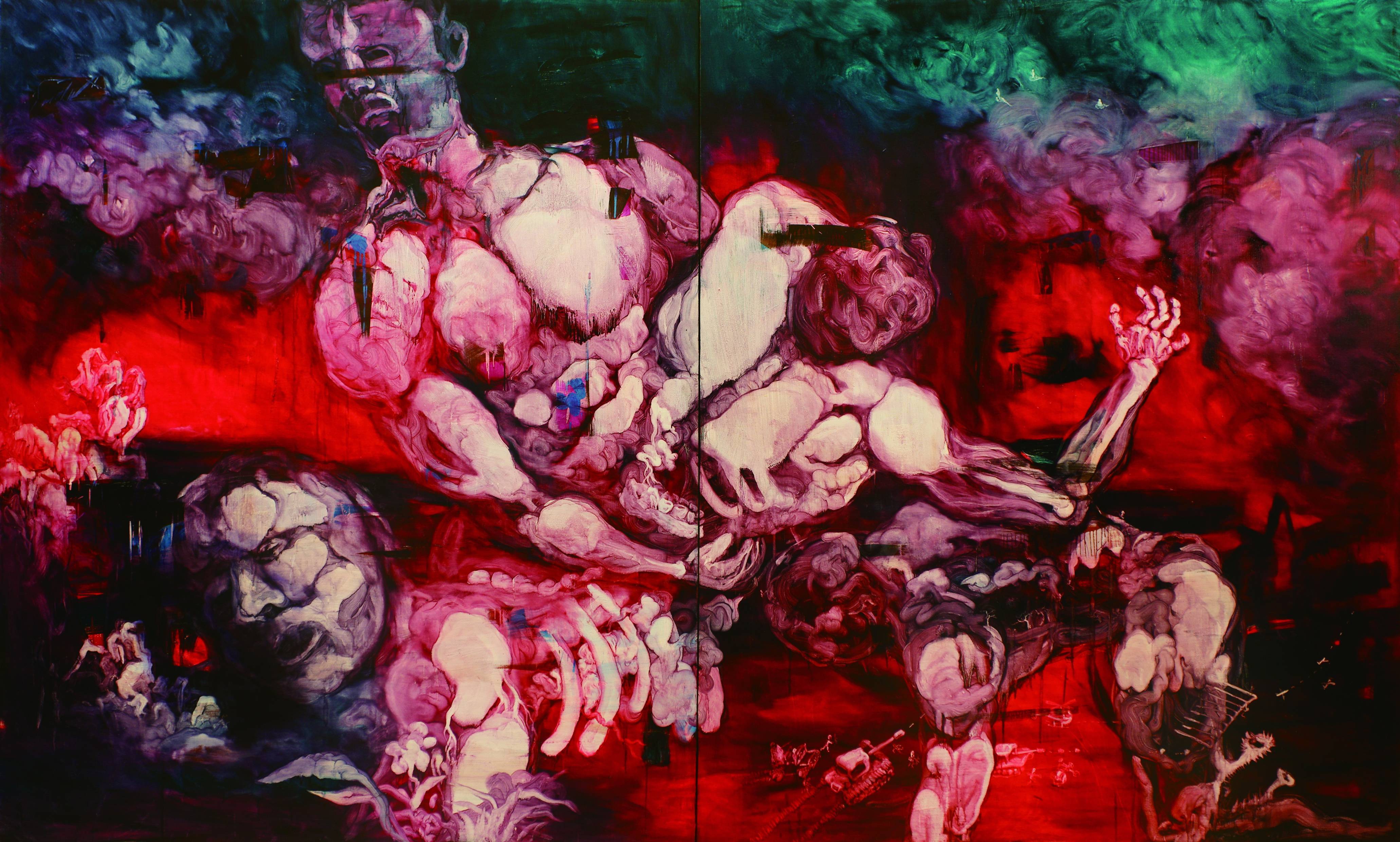 常陵|五花肉系列-肉宗教-肉世界再創記|2010|油彩|400x240cm (雙聯幅)