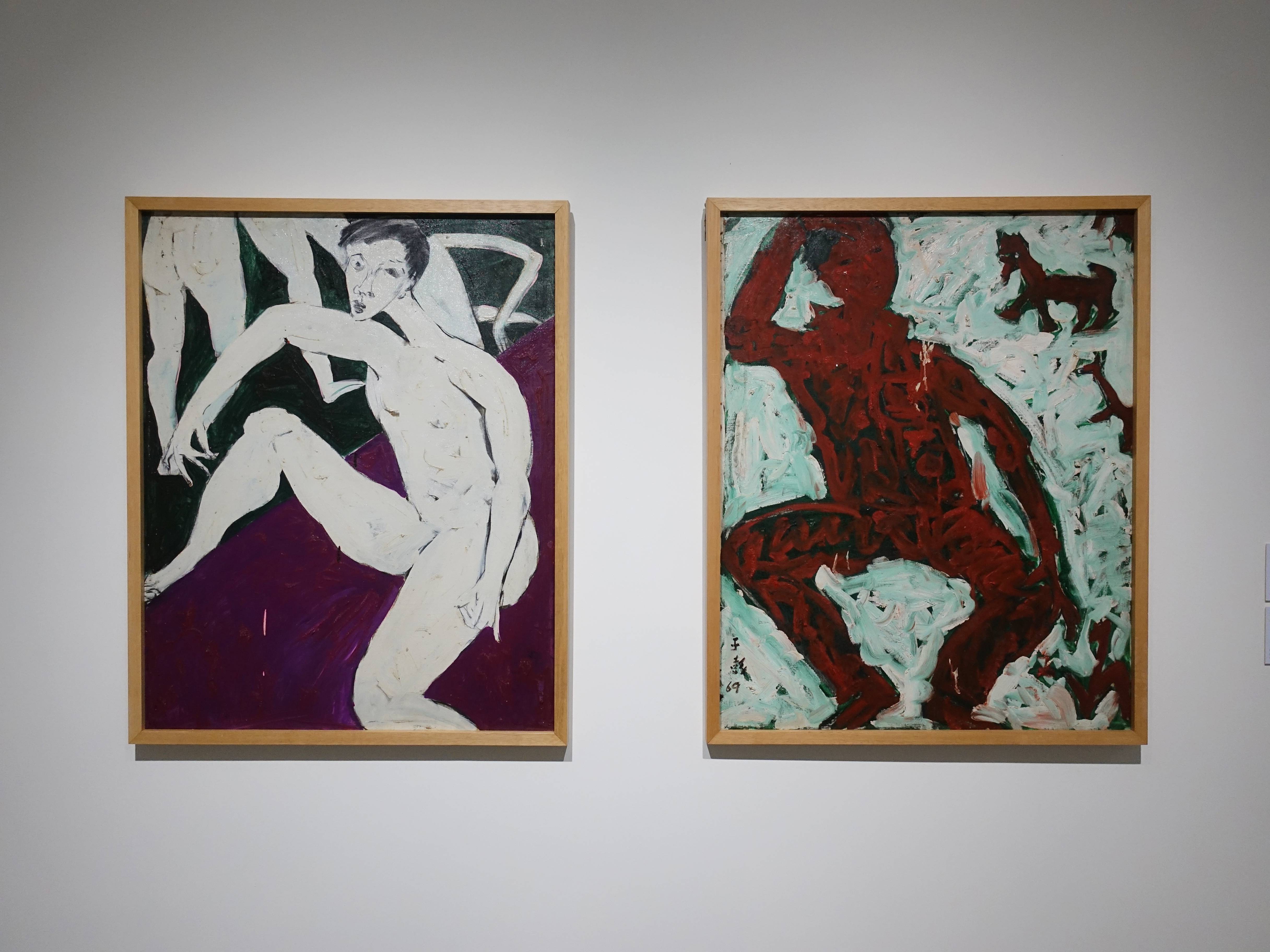 于彭，《出浴的男子》(左)，油彩畫布。《搔首弄姿》(右)，油彩畫布，1980。
