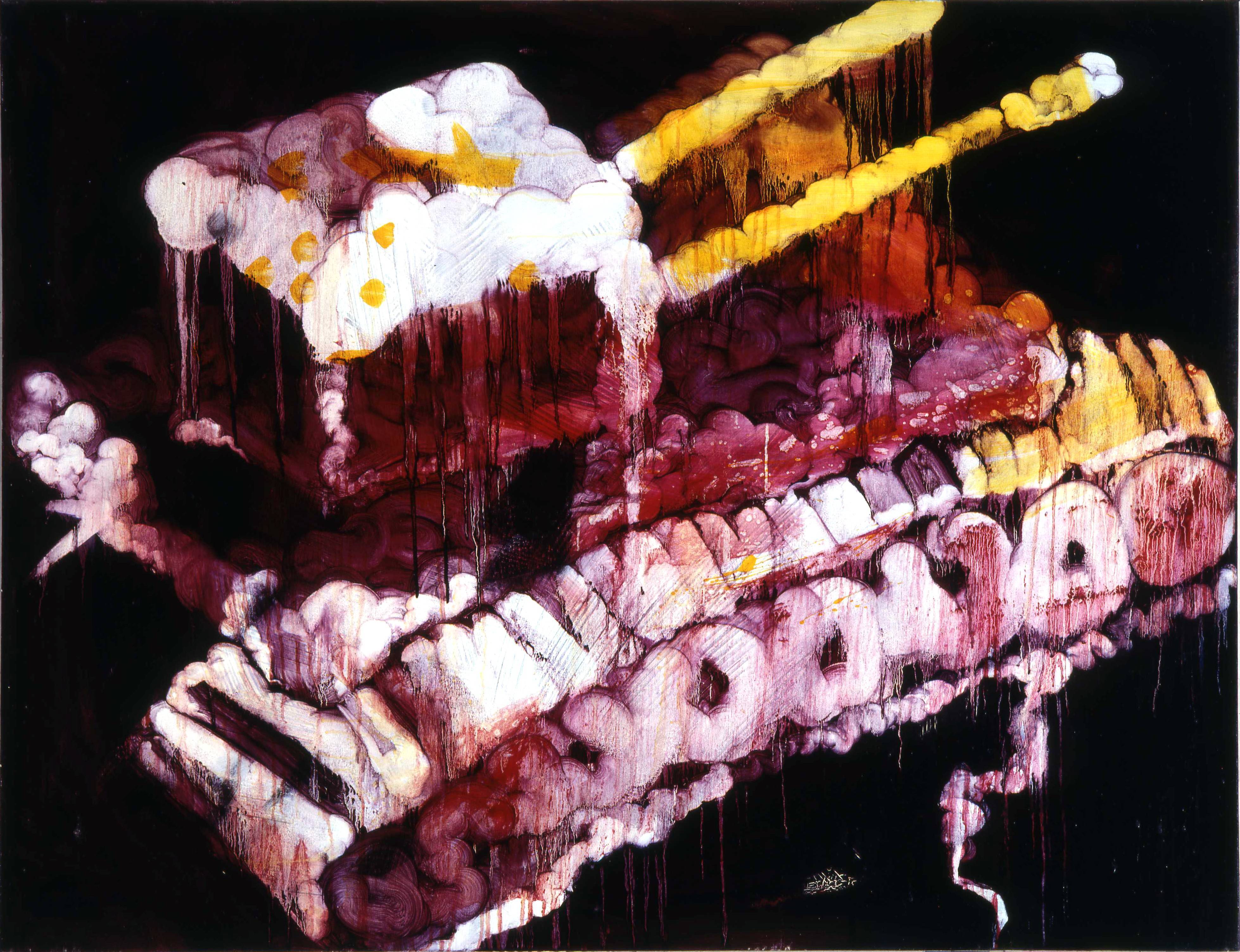 常陵|五花肉系列-肉兵器-雙管坦克|2007|油彩|112x145.5cm