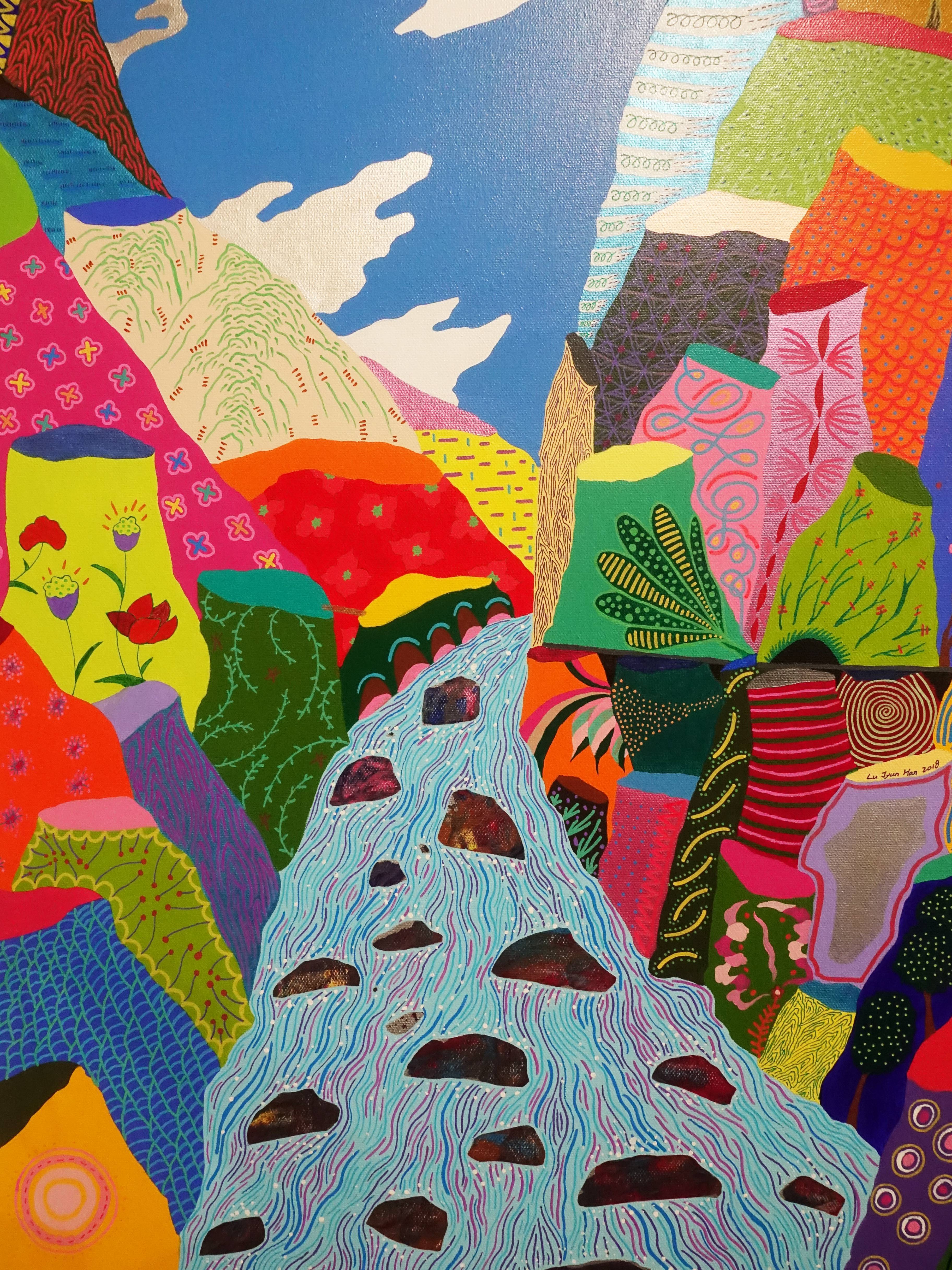 盧俊翰，《峽谷水滾滾》細節，116.5 x 91 cm，壓克力，2018。