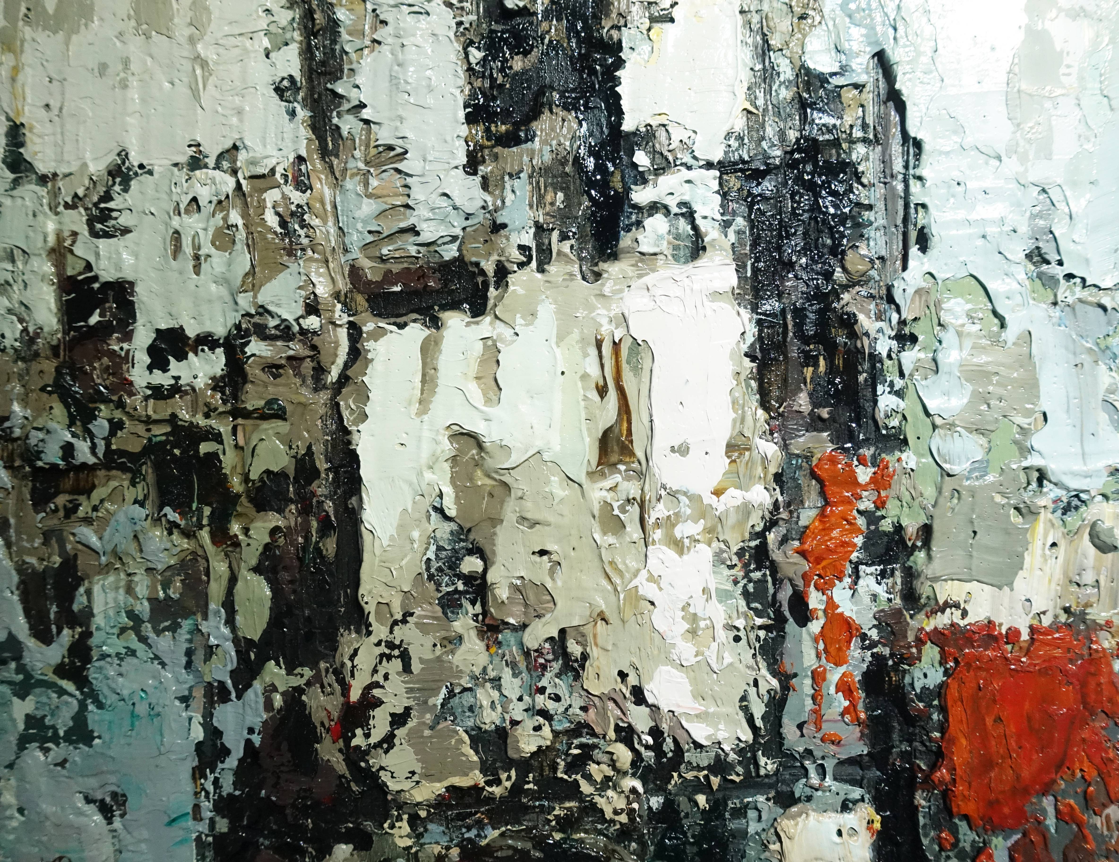 徐明豐，《城市即景之三》細節，35 x 24 cm，複合媒材木板，2018。