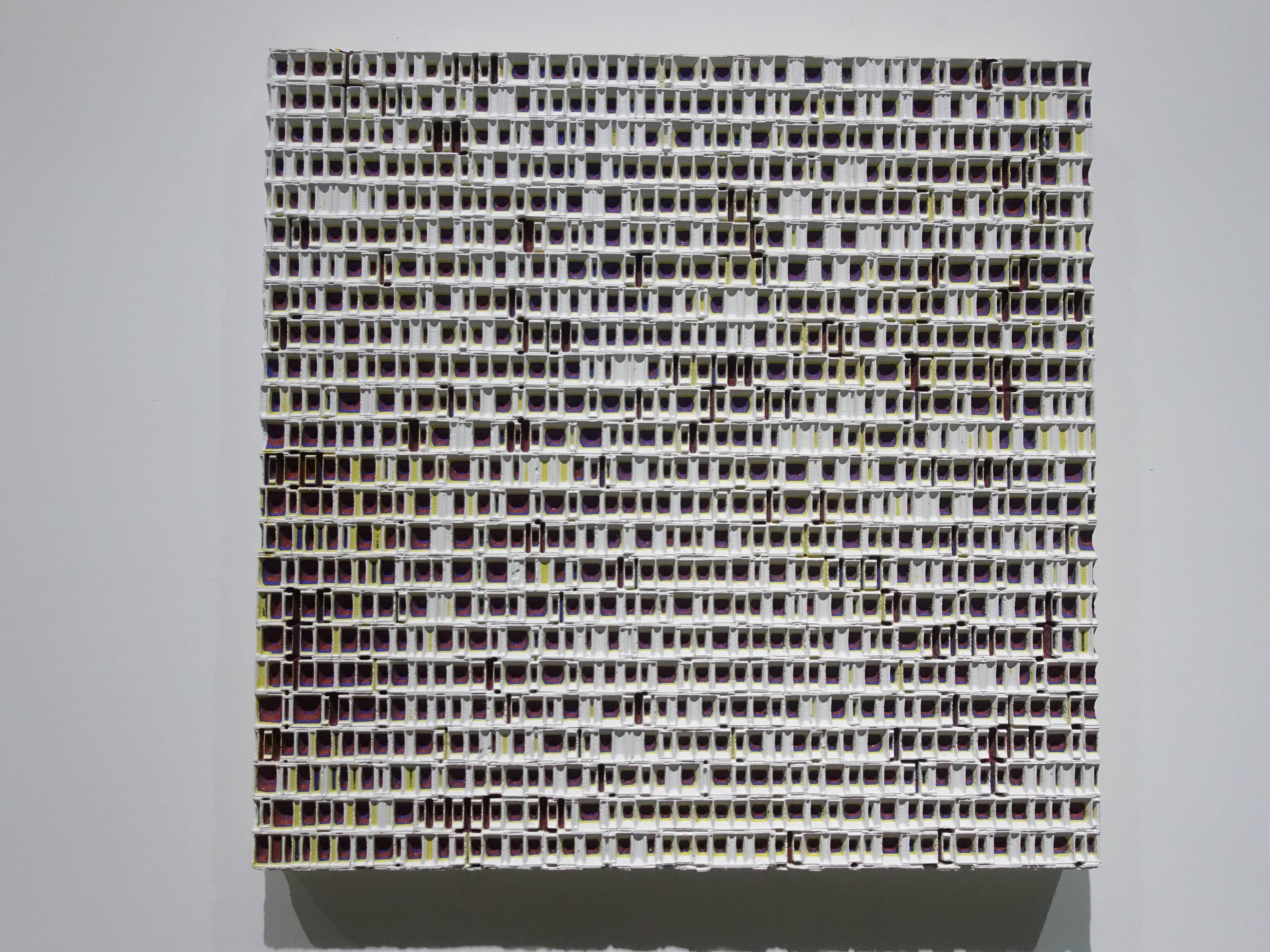 歐勁，《無題-155》，30 x 31 cm，木板、丙烯、綜合材料，2019。