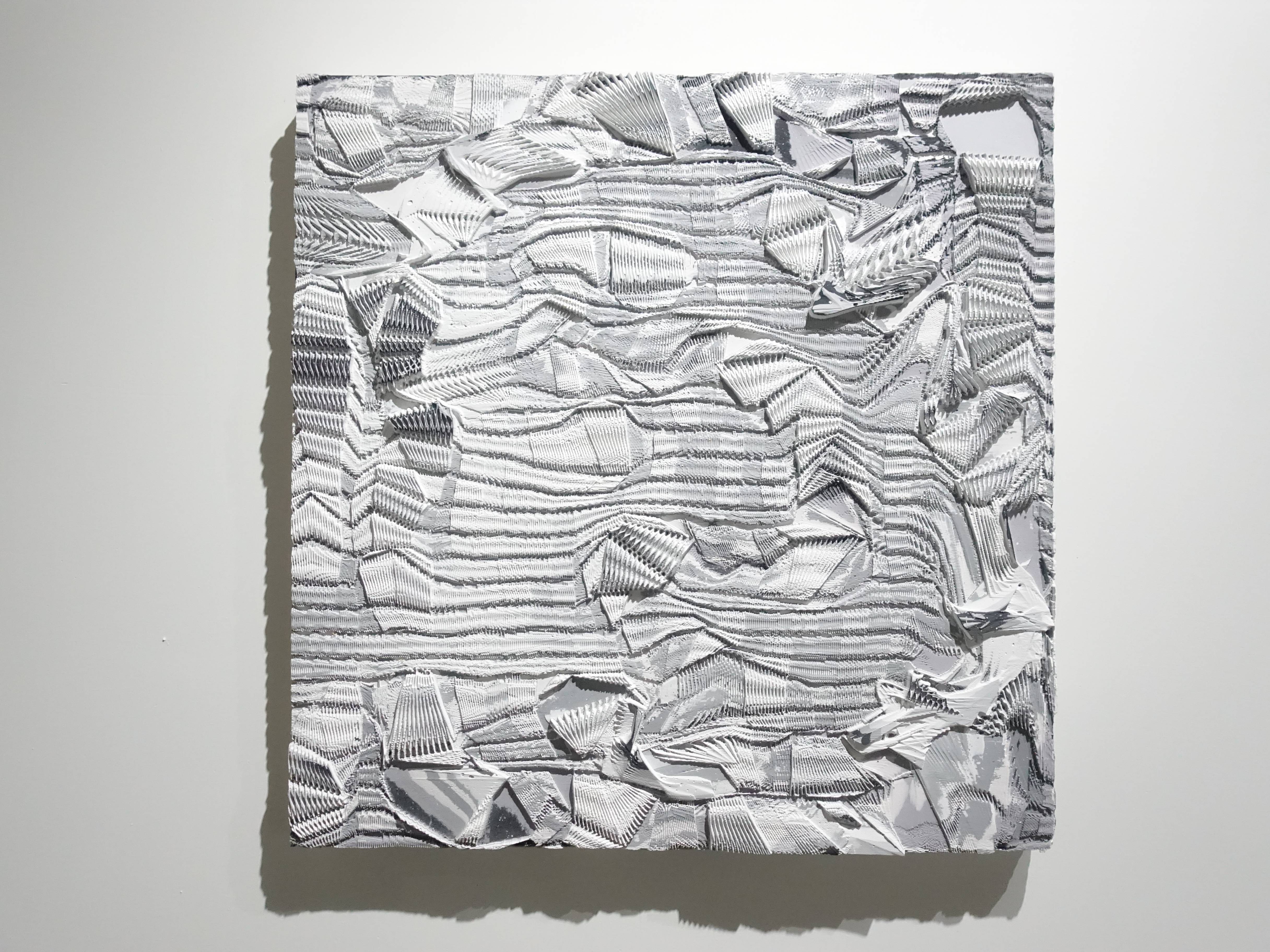 歐勁，《無題-144》，42 x 41 cm，木板、丙烯、綜合材料，2019。