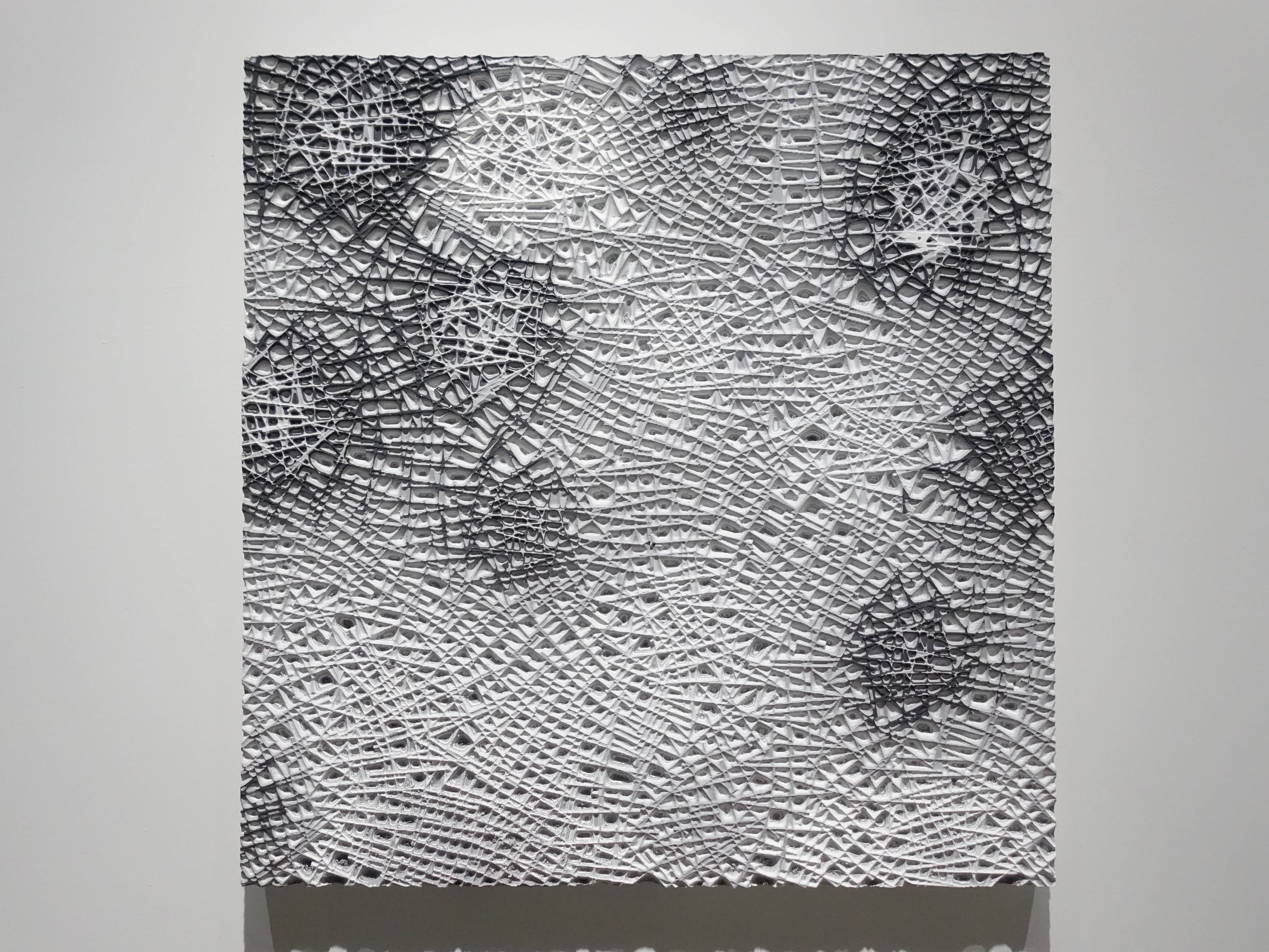 歐勁，《無題-145》，42 x 41 cm，木板、丙烯、綜合材料，2019。