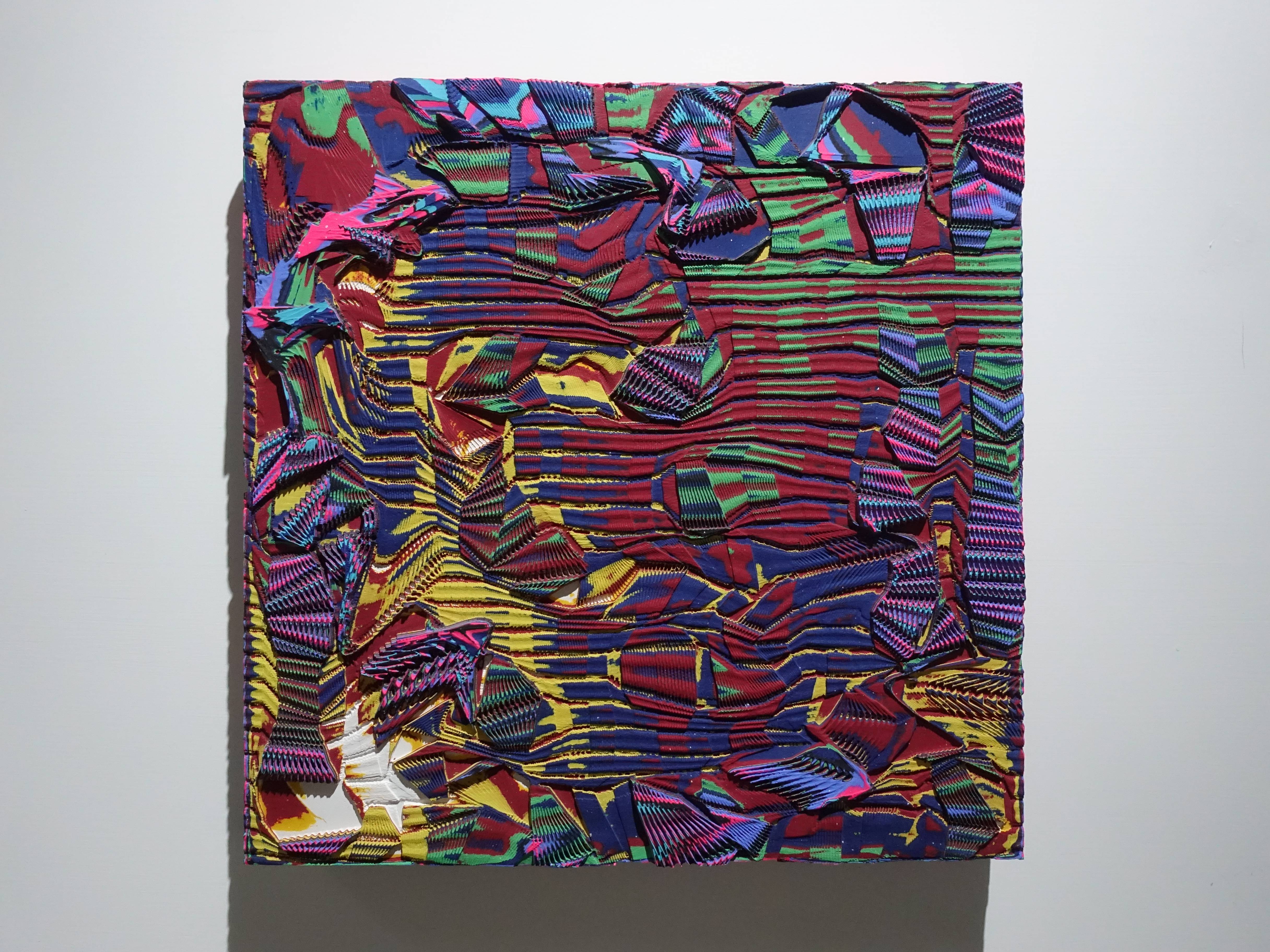 歐勁，《無題-147》，30 x 31 cm，木板、丙烯、綜合材料，2019。