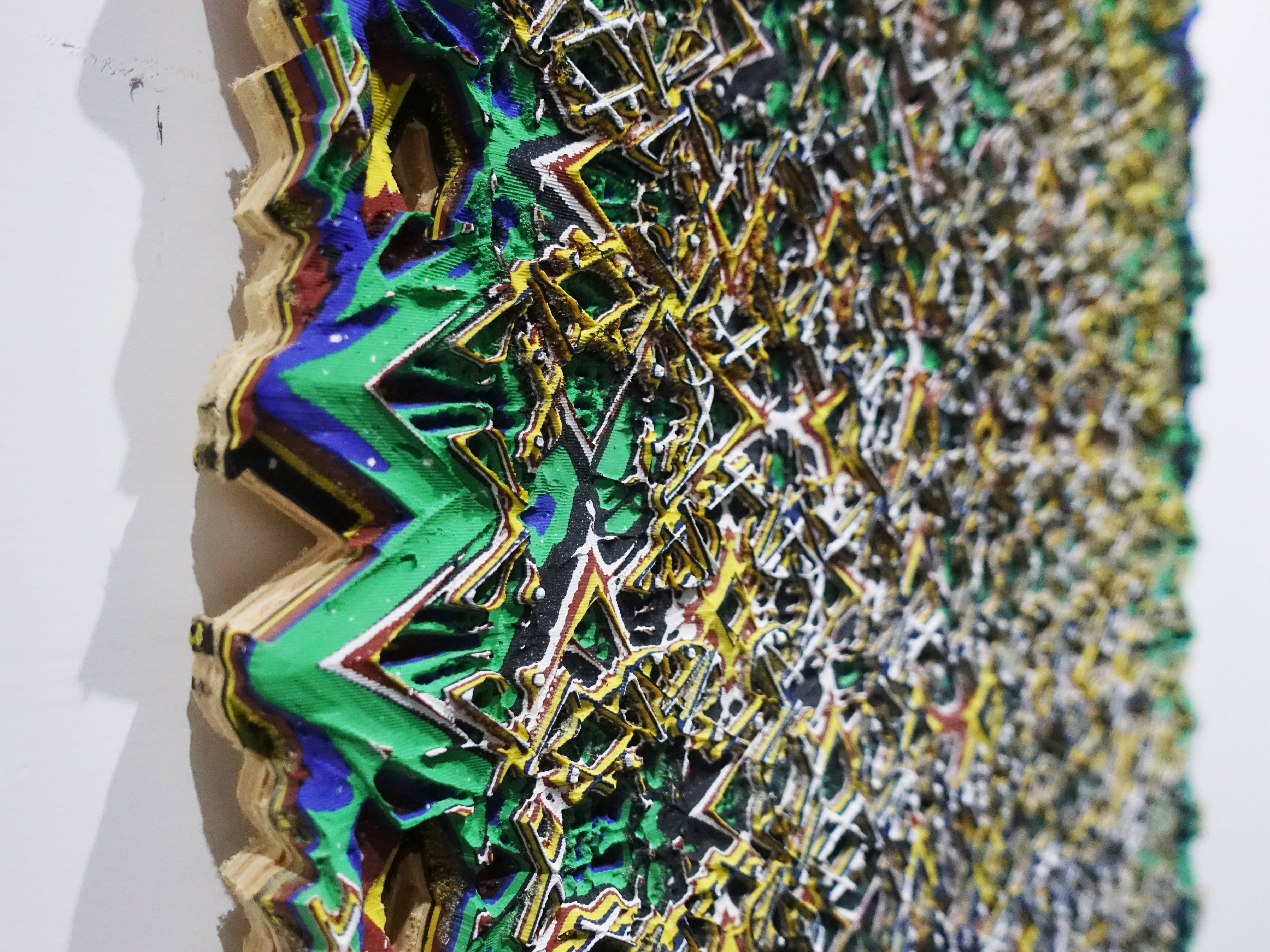 歐勁，《無題-141》細節，60 x 40 cm，木板、丙烯、綜合材料，2019。