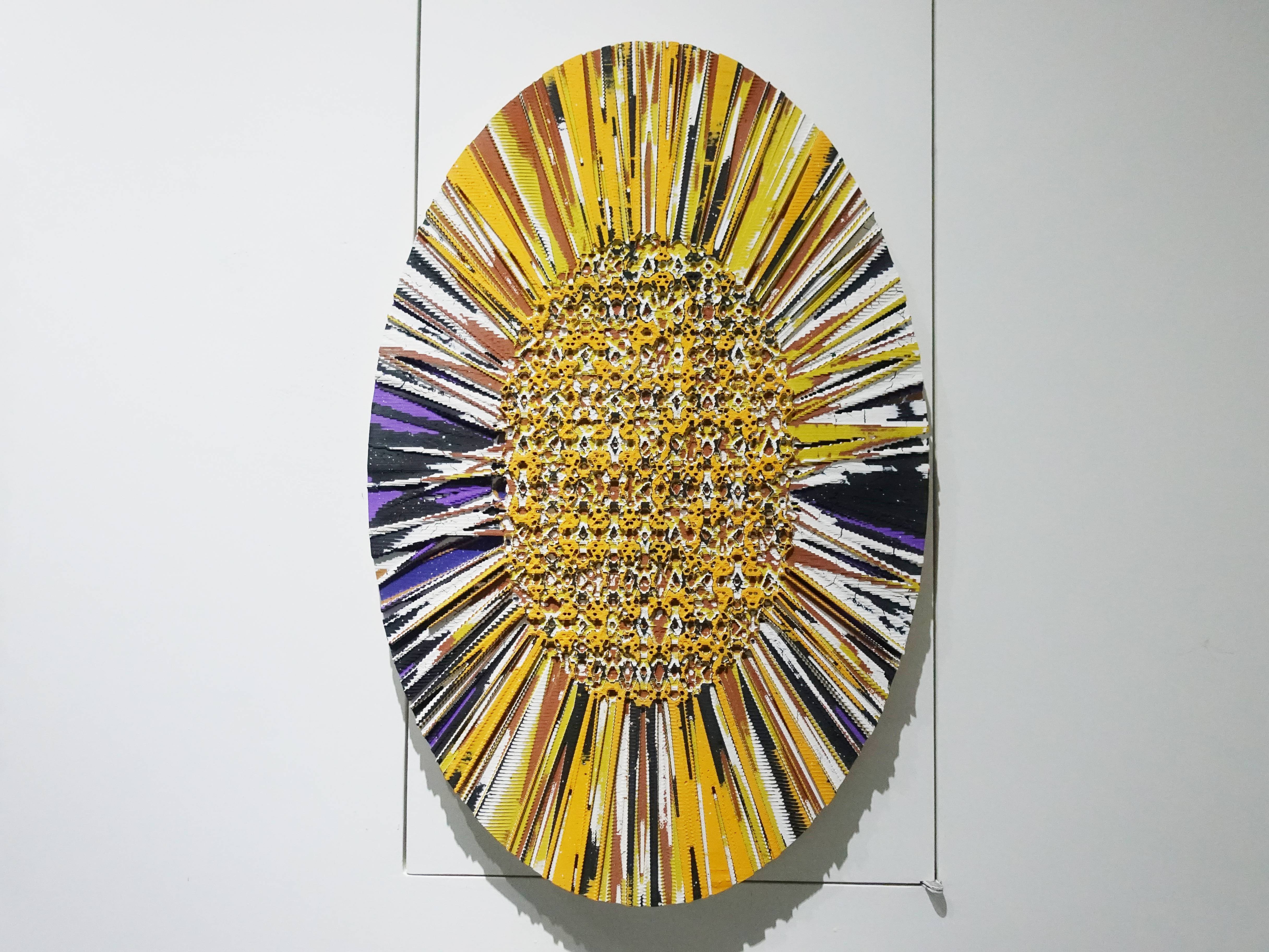 歐勁，《無題-143》，60 x 40 cm，木板、丙烯、綜合材料，2019。