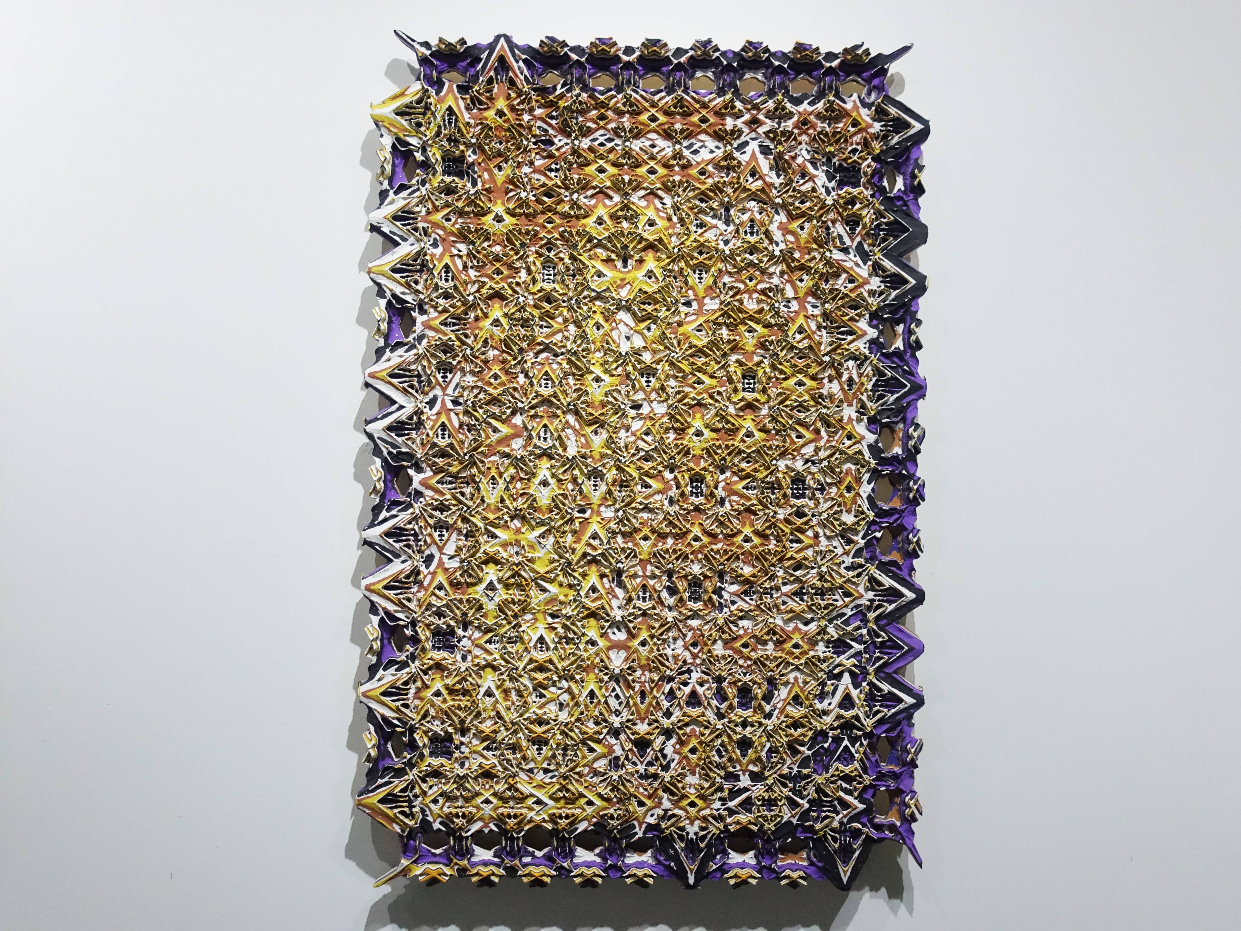 歐勁，《無題-142》，60 x 40 cm，木板、丙烯、綜合材料，2019。