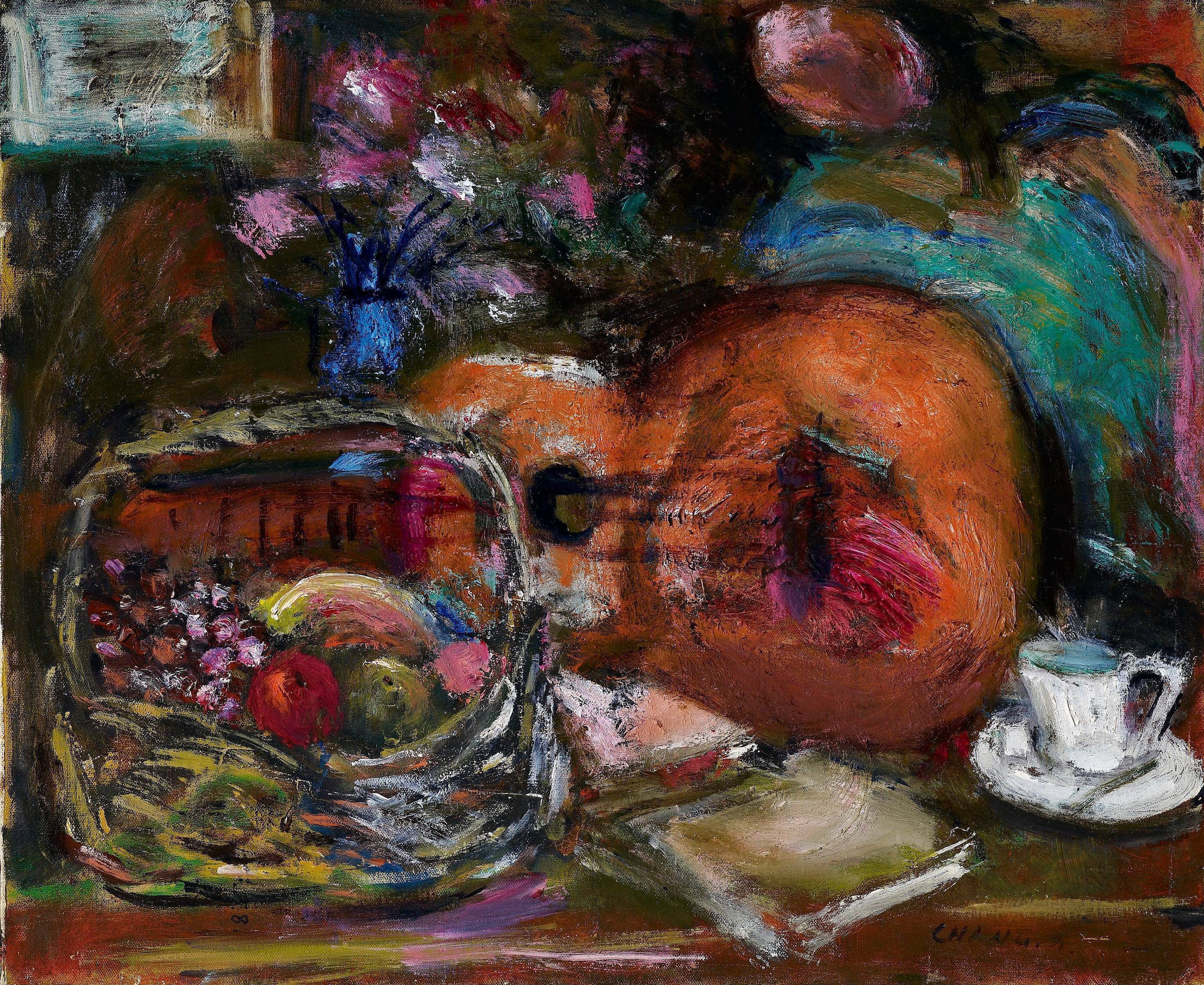 張萬傳｜室內吉他與花果｜油彩｜50x60.5cm