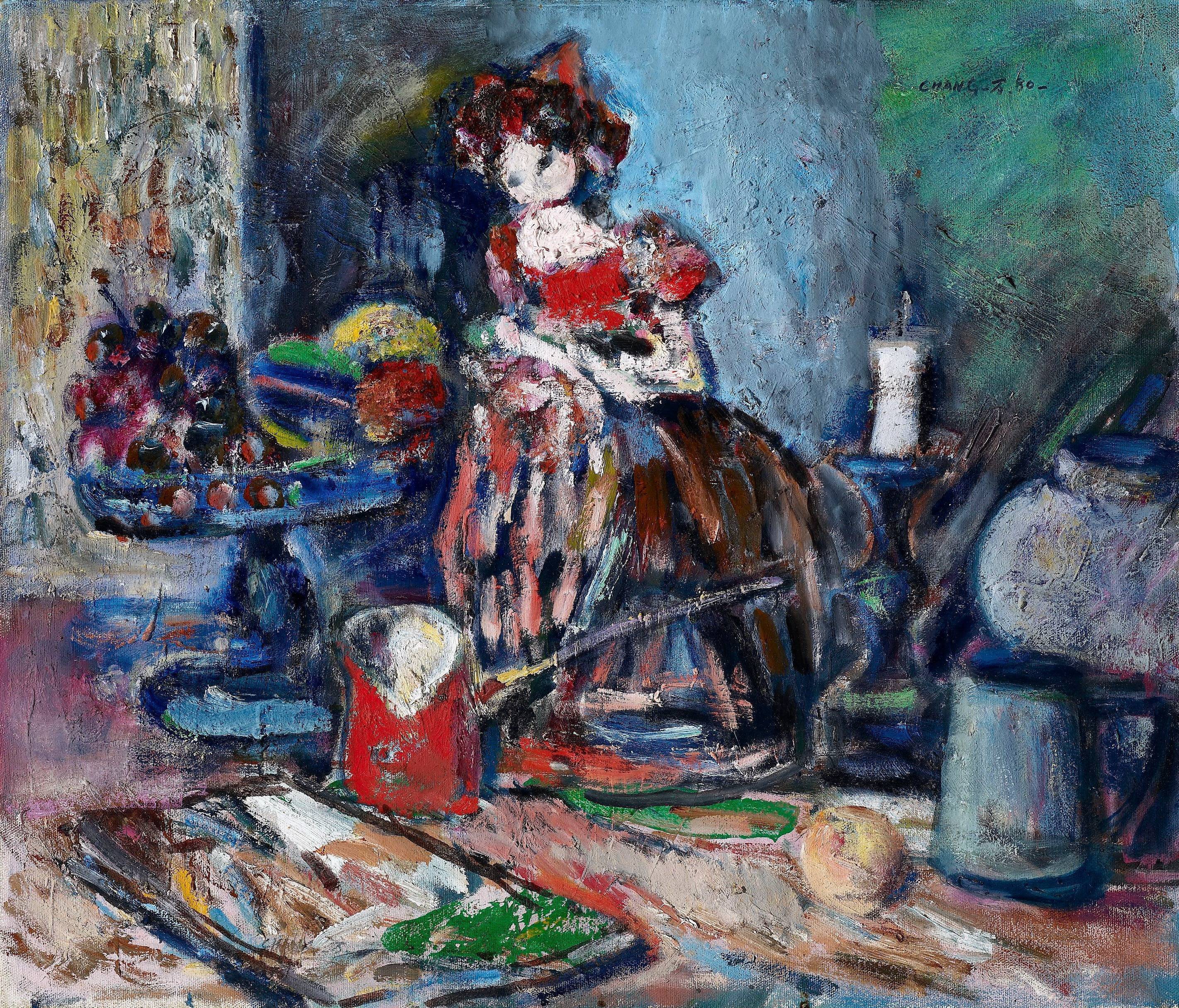 張萬傳｜桌上靜物（靜物娃娃）｜1980｜油彩｜45.5x53cm