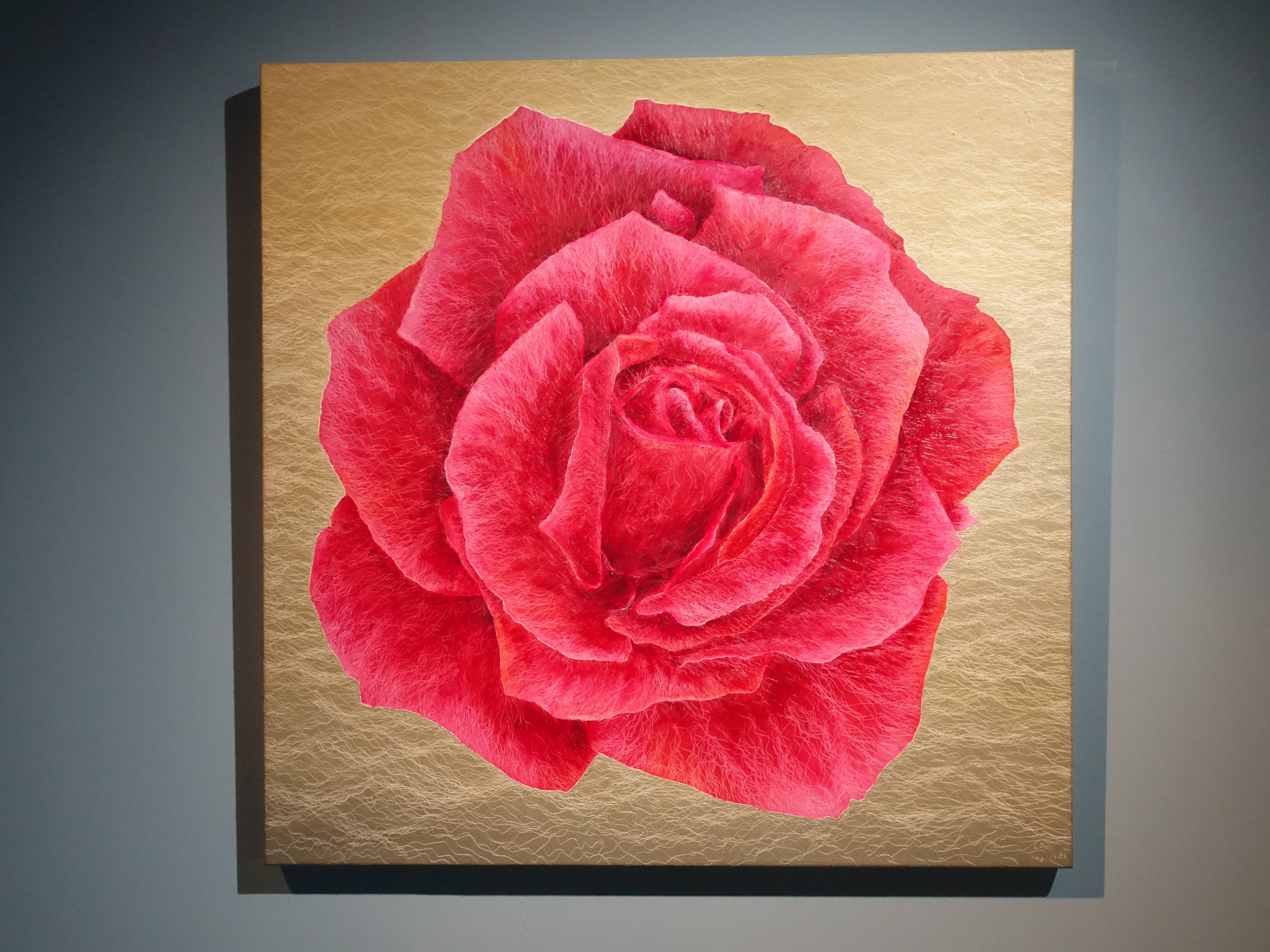 鄭麗雲，《香檳玫瑰》，135 x 135 cm，油彩、蔴布。