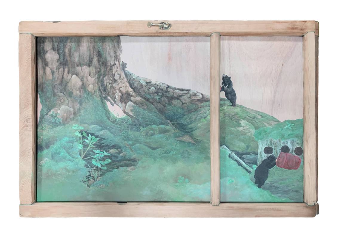 陳彥廷 Chen Yen Ting /  晌午，片刻幽靜  Quiet Moment   57 x 85.5cm  設色木板、複合媒材 Color and Ink on Paper、 mixed media  2019