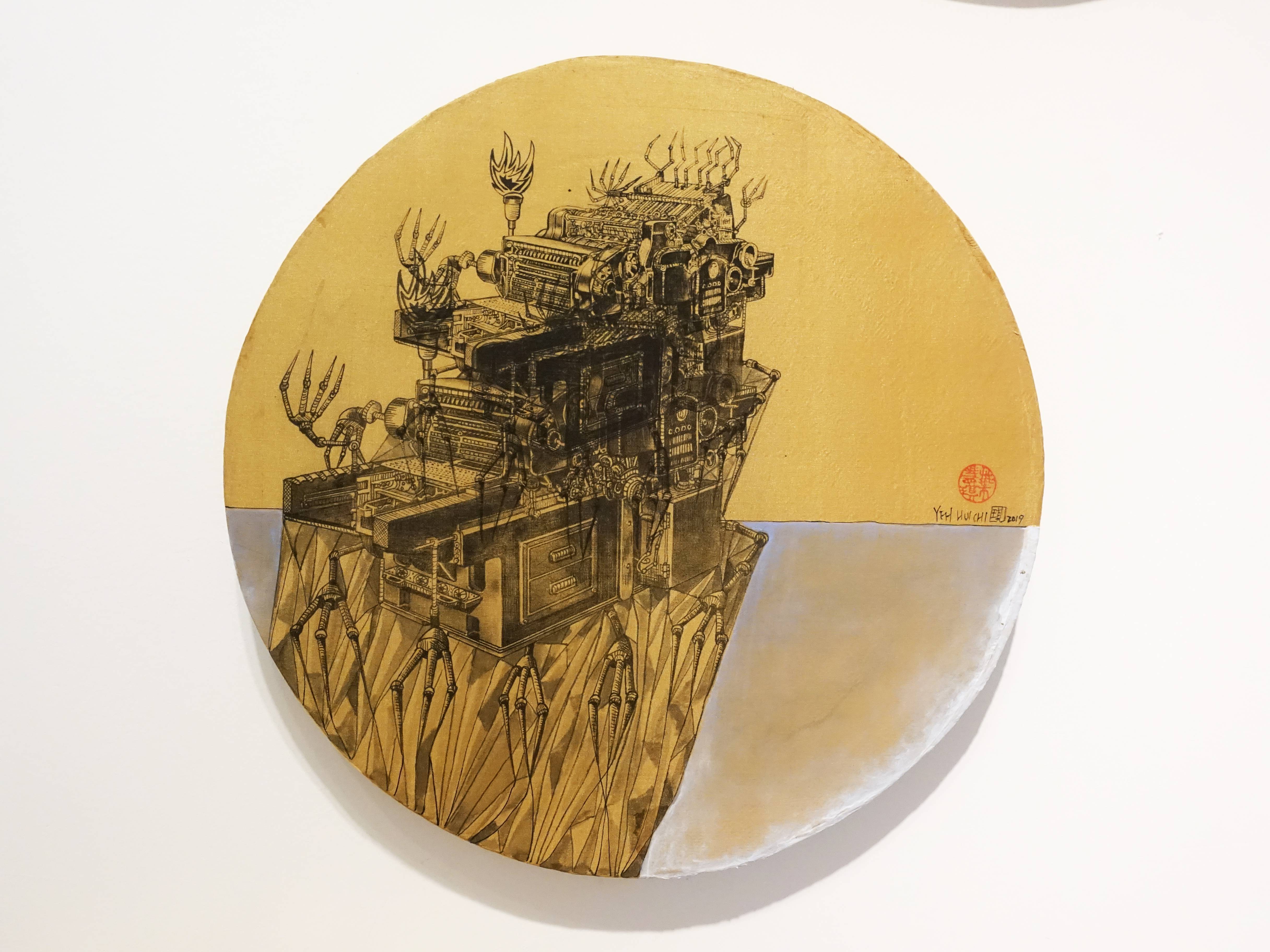 葉慧琪，《機械群45》，30 x 30 cm，綜合媒材、絹布。