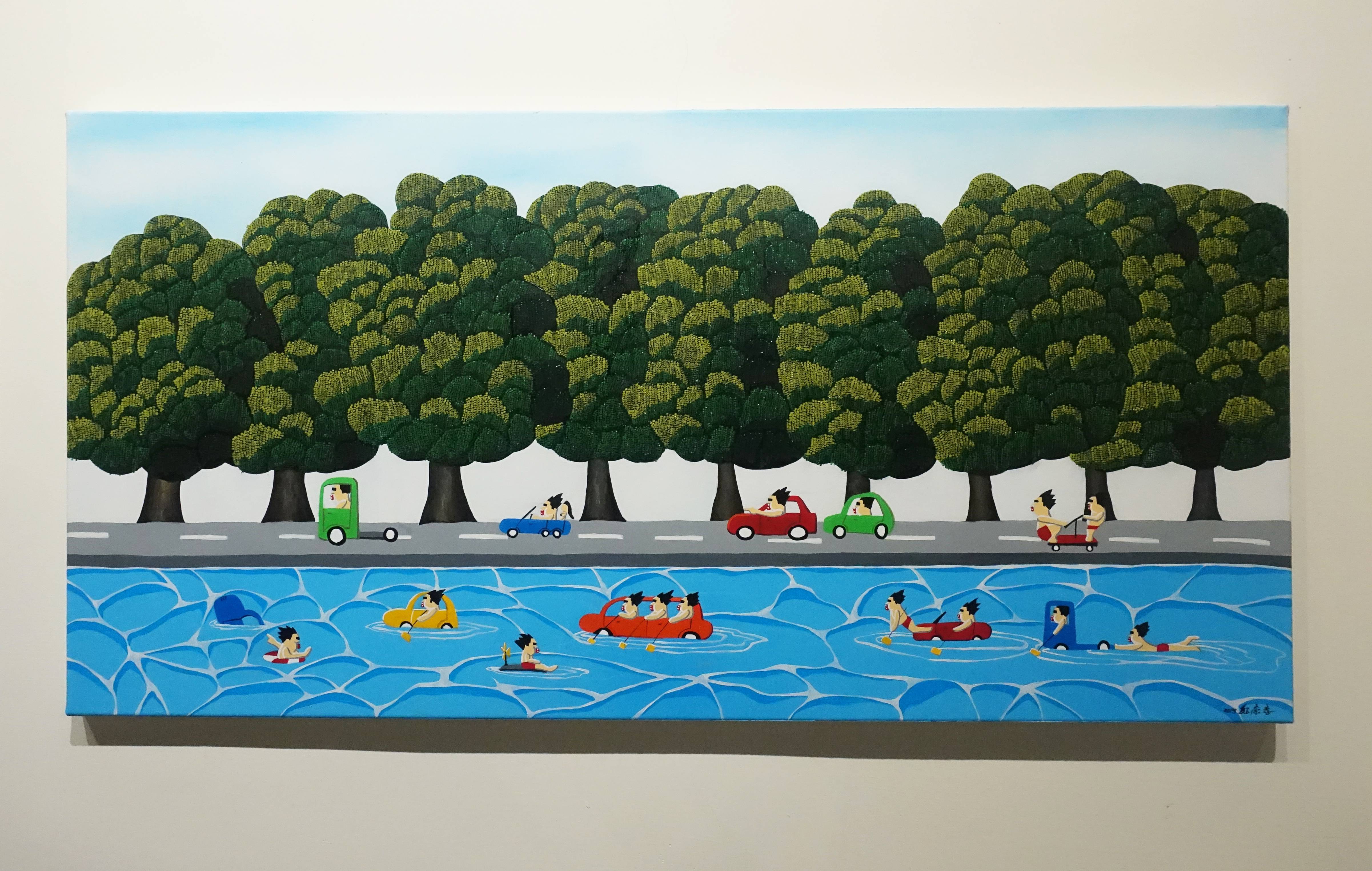 鄭崇孝，《噗噗比賽》，50 x 100 cm，油彩畫布 ，2019。