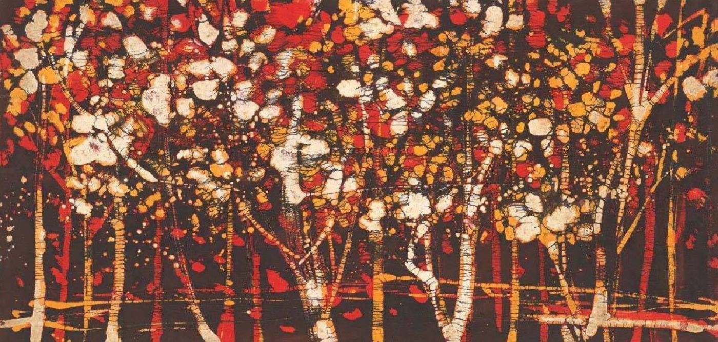 黃歌川 秋意森林138x70cm 冰裂紋蠟染畫1972