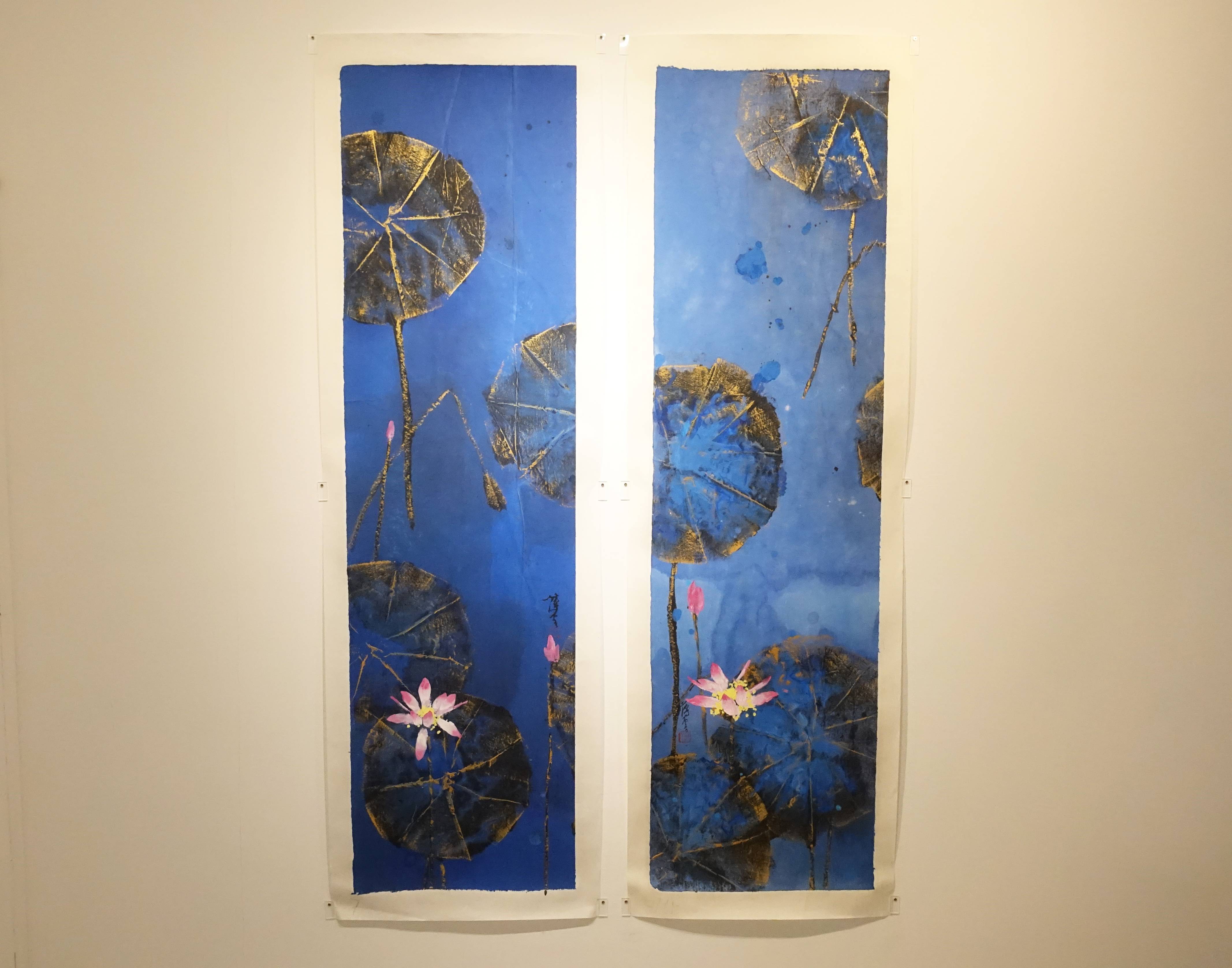 薄云，《荷2》右《荷7》左，38 x 136 cm，紙本設色，2019。