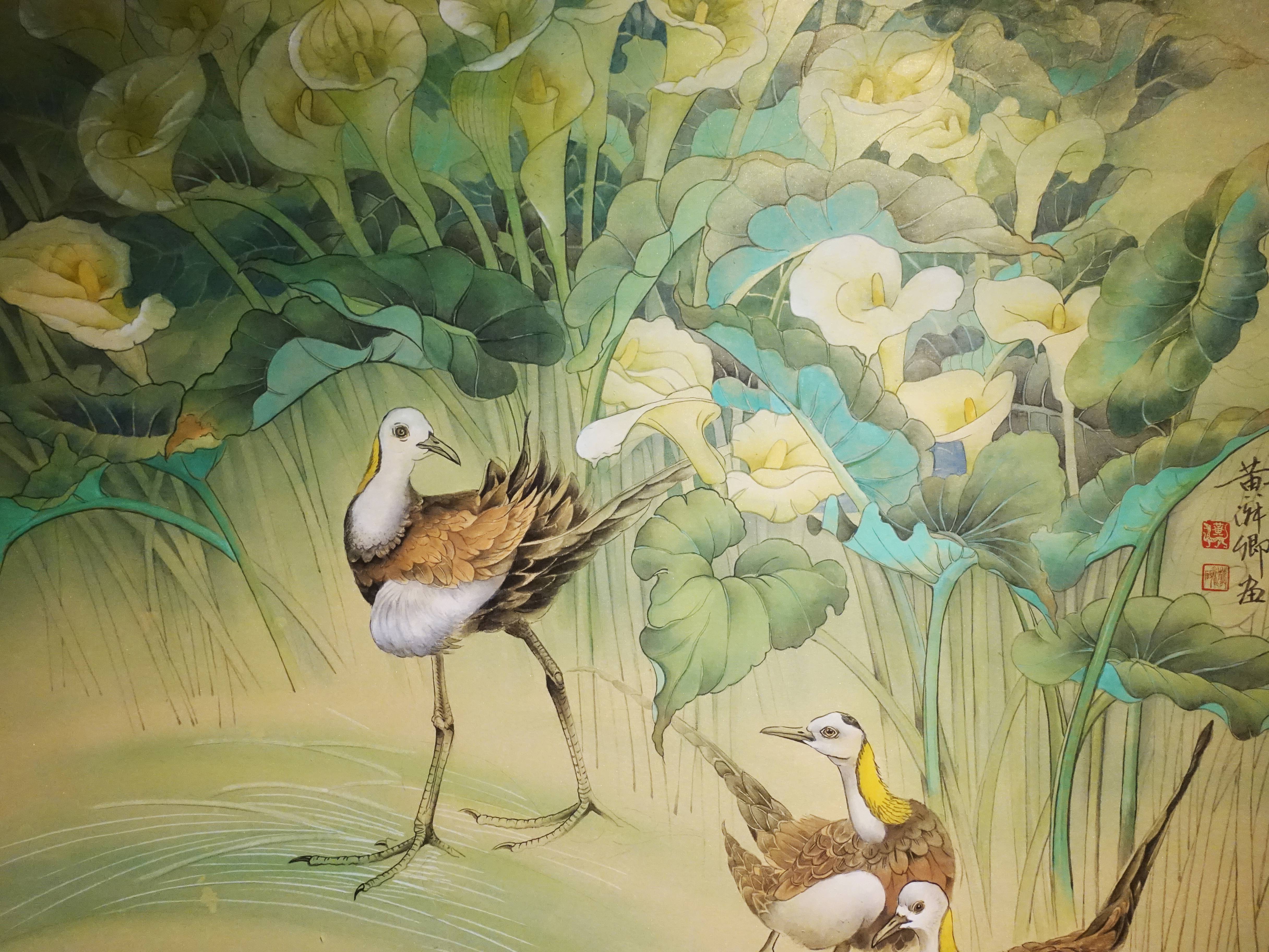 黃淑卿，《水雉家族》細節，223 x 101 cm，紙本、彩墨，2019。