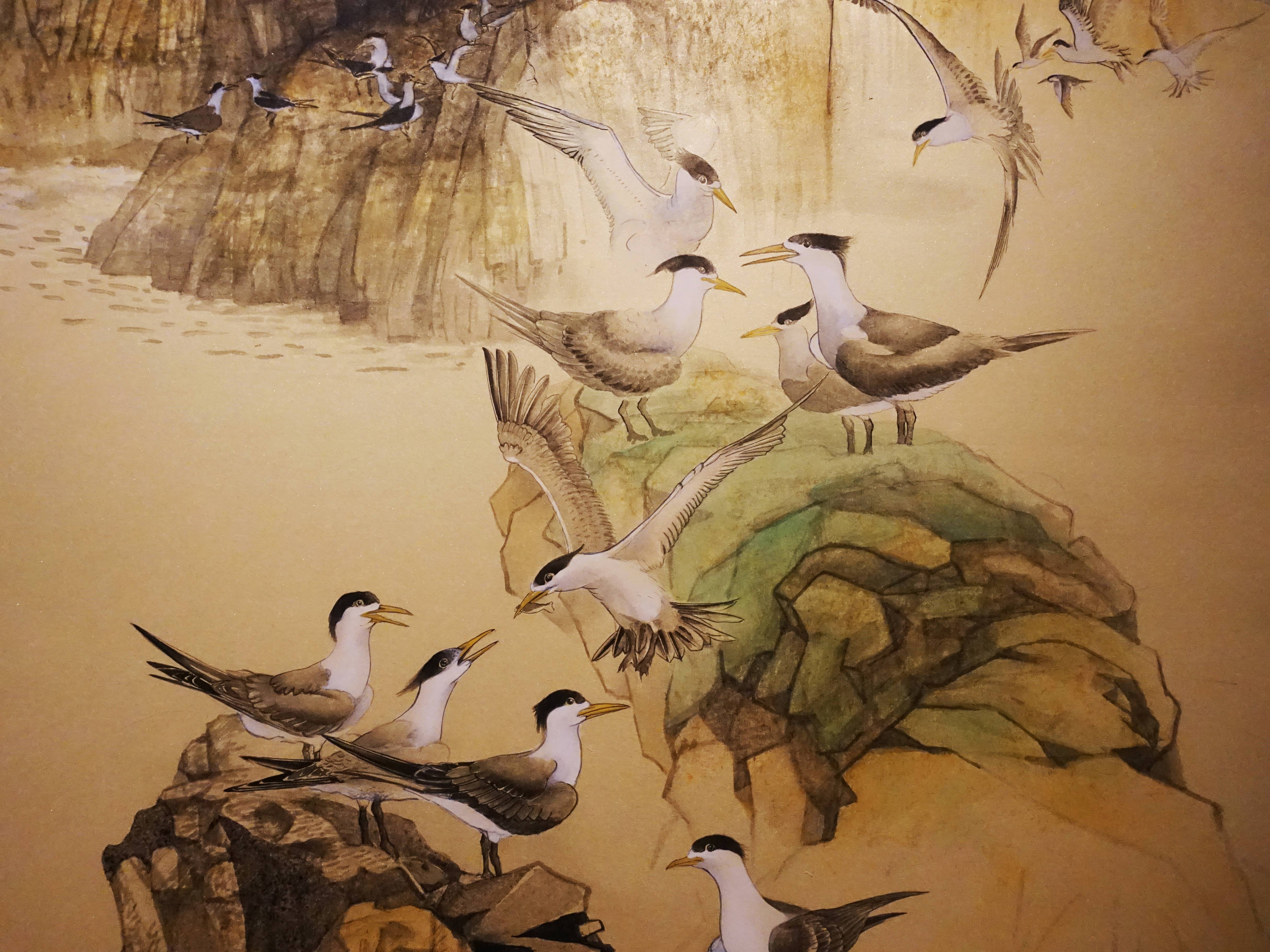 黃淑卿，《群鷗處處來2》細節，223 x 101 cm，紙本、彩墨，2019。
