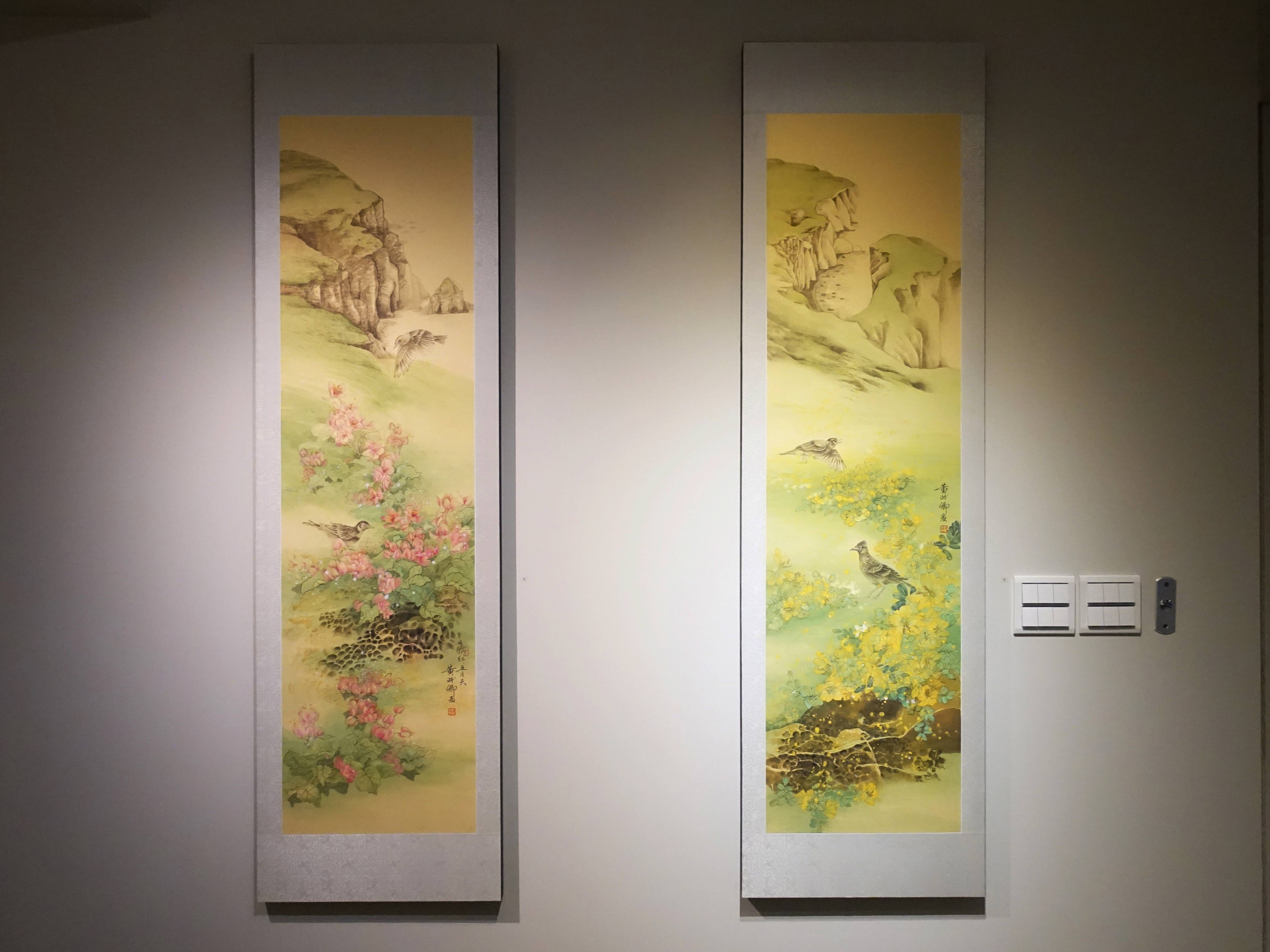 黃淑卿，《澎湖決明》右、《澎湖珊瑚藤》左，168 x 48 cm，紙本、彩墨，2017。