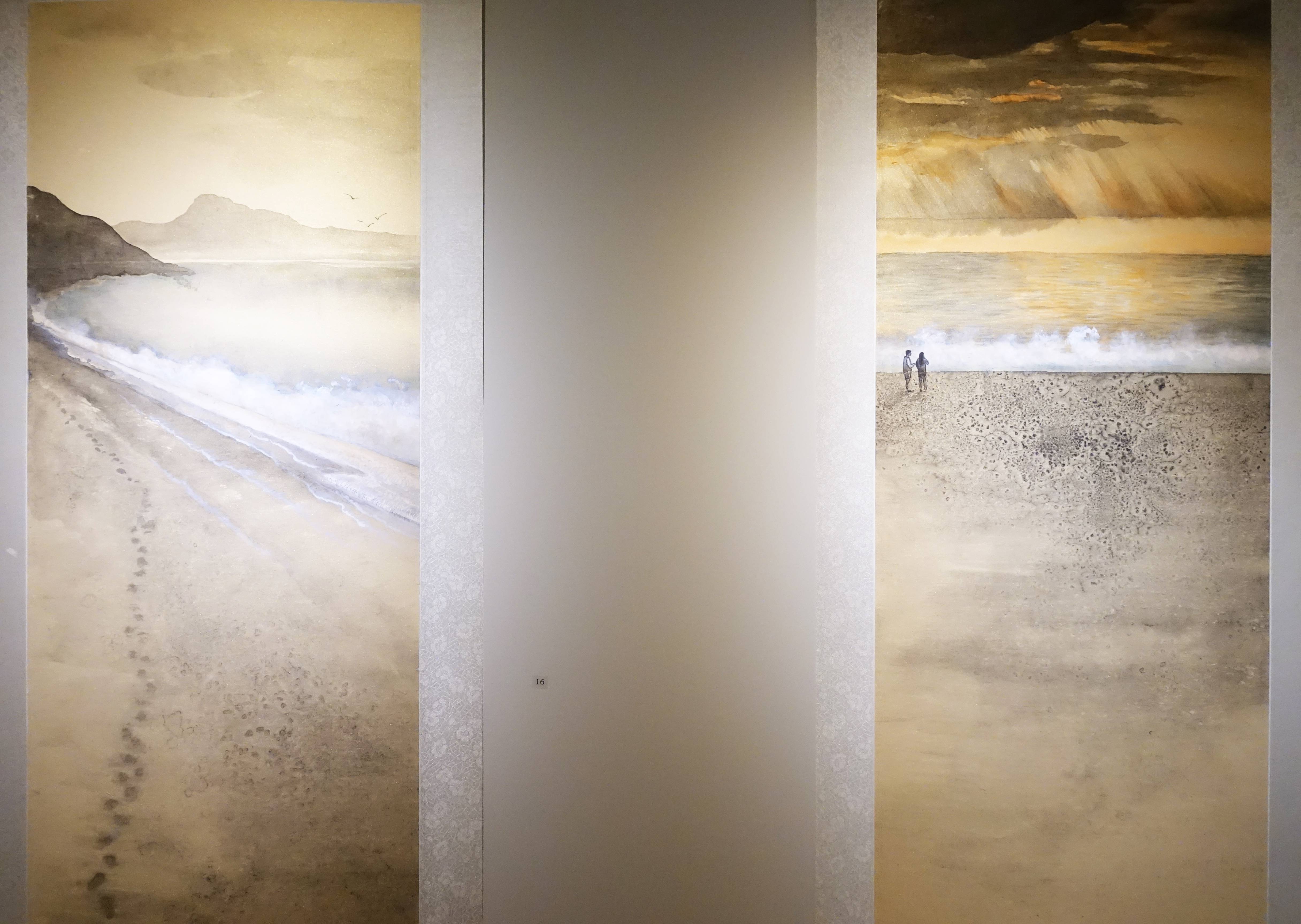 黃淑卿，《原鄉之晨》左《日出之鄉》右，185 x 48 cm，紙本、彩墨，2016。