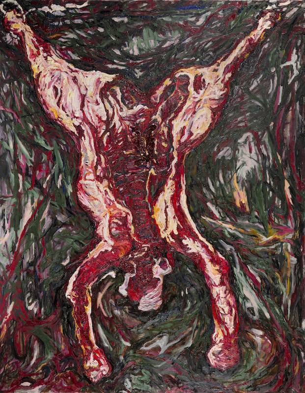 石晉華 Shu Jin-Hua，《牛的屠體》 Carcass of Beef，2019，油彩、錫管、畫布 Oil and tube on canvas，155 x 124 x 8 cm。圖/安卓藝術提供