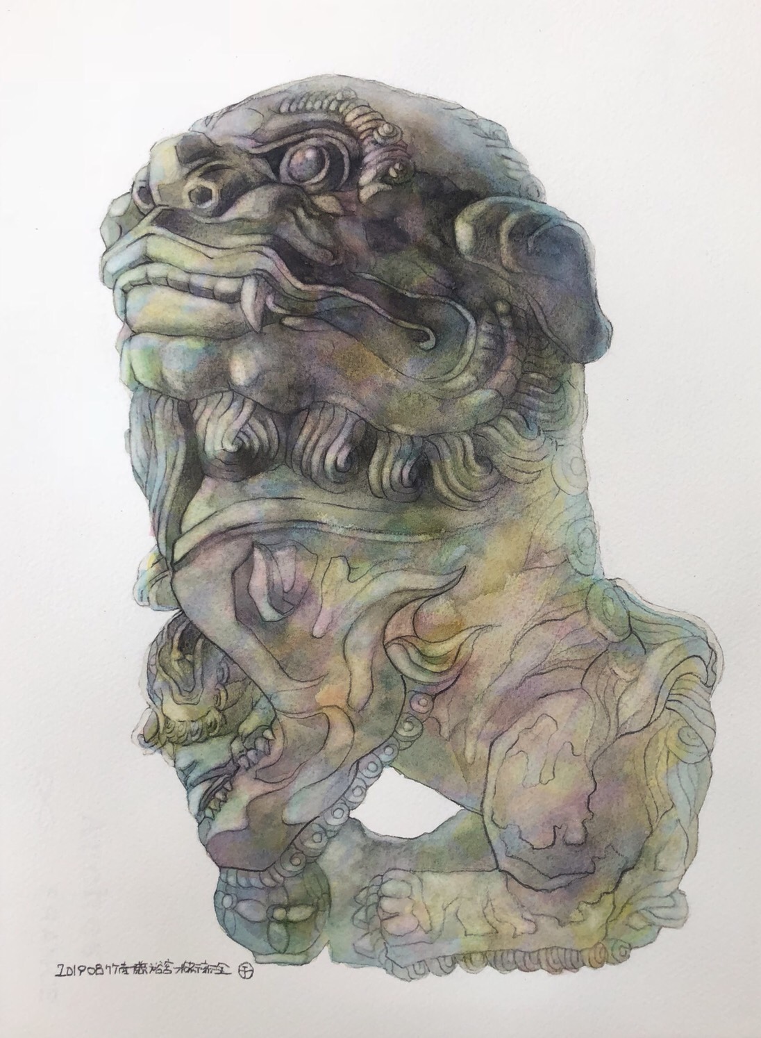 藝術家楊德全於第三屆出彰化城藝術展「古城的苗圃」展出《石獅子系列-竹南慈裕宮前獅》細節。