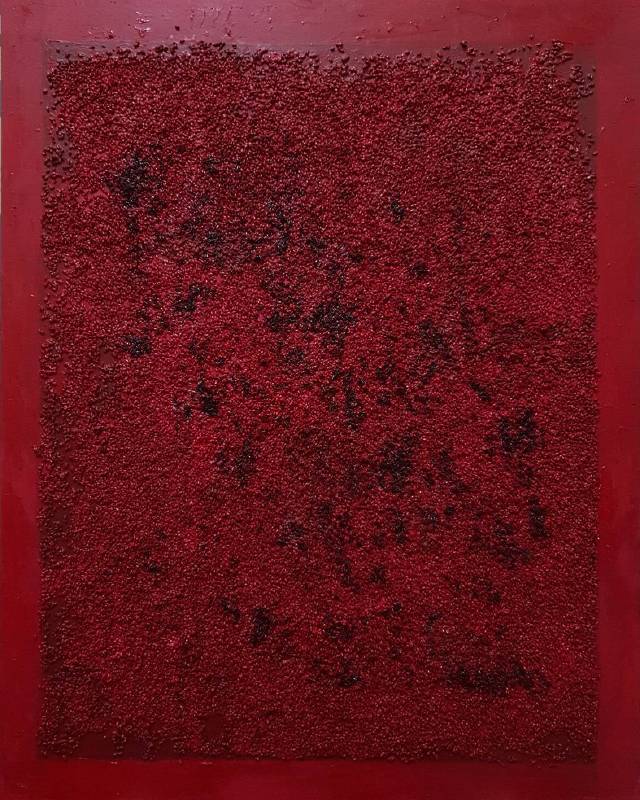 曹松清  紅酒糟  2019  90x72.5cm  米、樹脂、壓克力、畫板