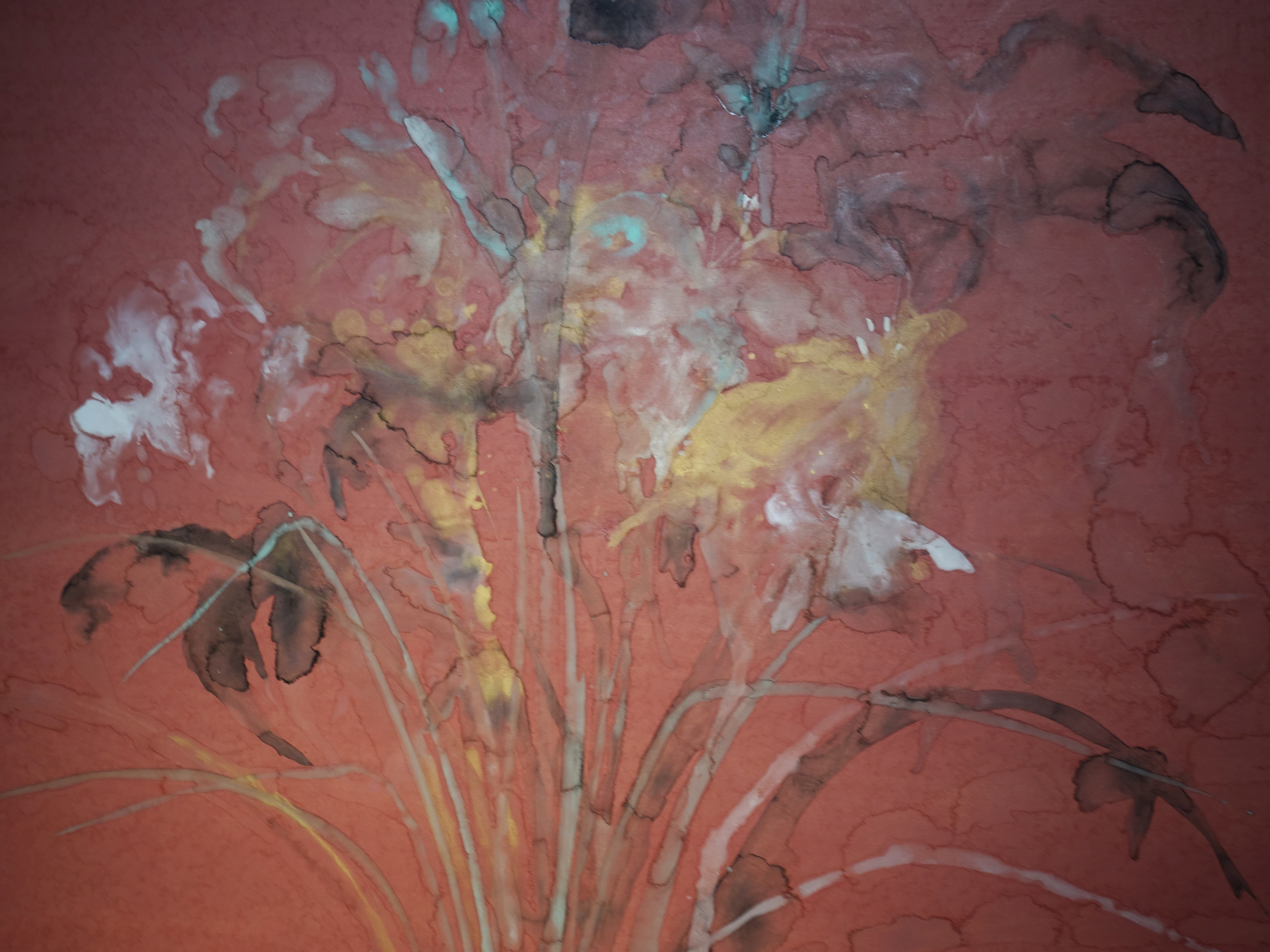 Makoto Fujimura，《Callis Lilies》細節，152.8 x 115 cm，天然礦物顏料、墨、金、鉑金、牡蠣殼、雲肌紙，2017。