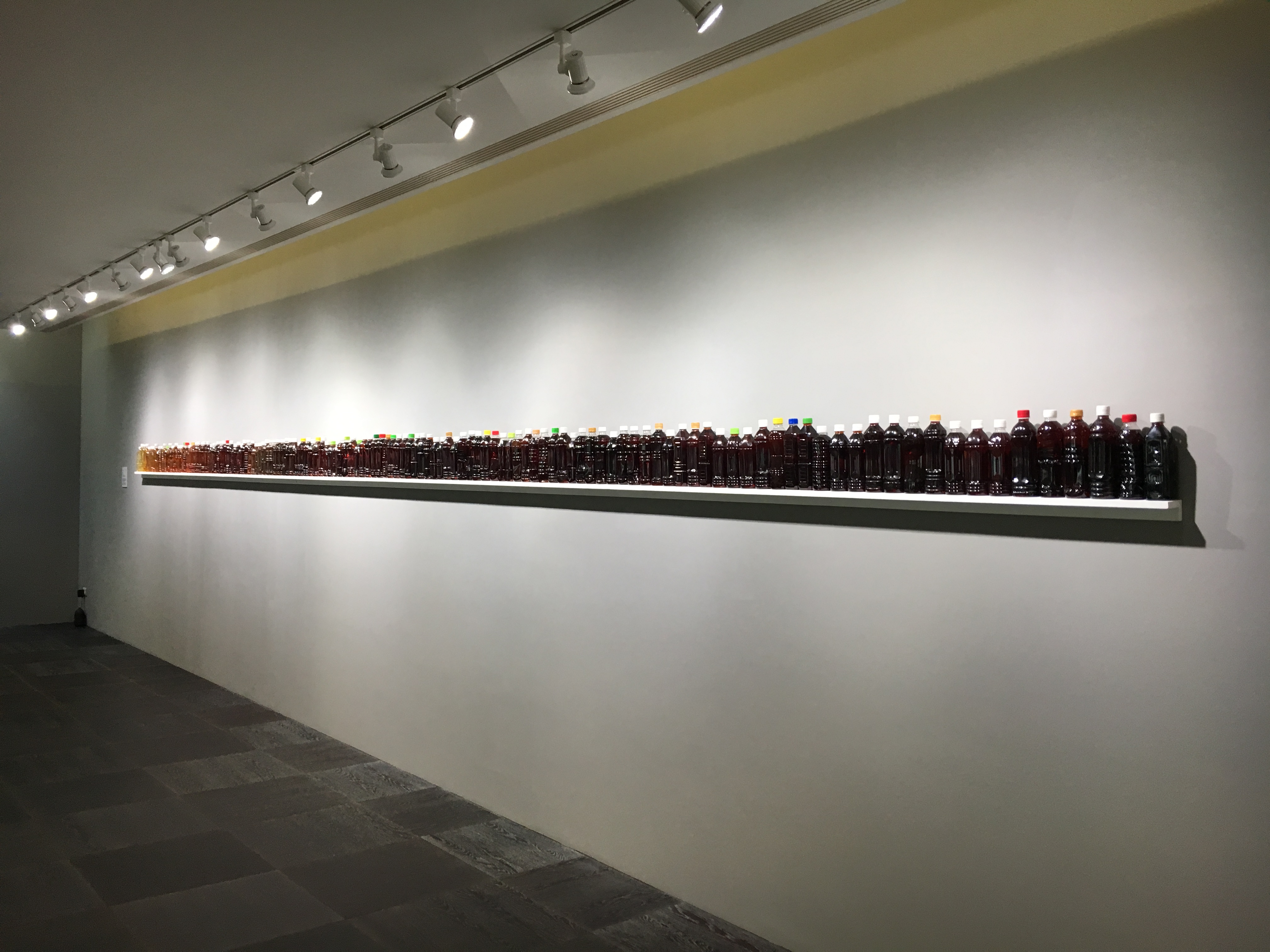 李明學，《光譜》，7 x 25 x 854 cm，超商與超市寶特瓶茶飲，2016。