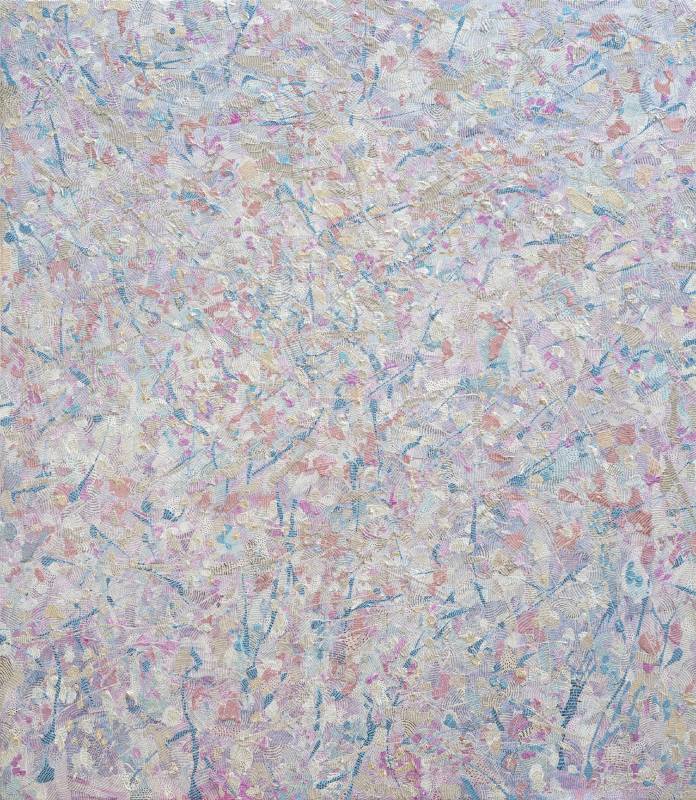 (說明：春分時光，韋耶‧諾維 (Indonesia, 1989-)，壓克力、鋼珠筆、畫布，150 x 130 cm，2019 (多納藝術提供))