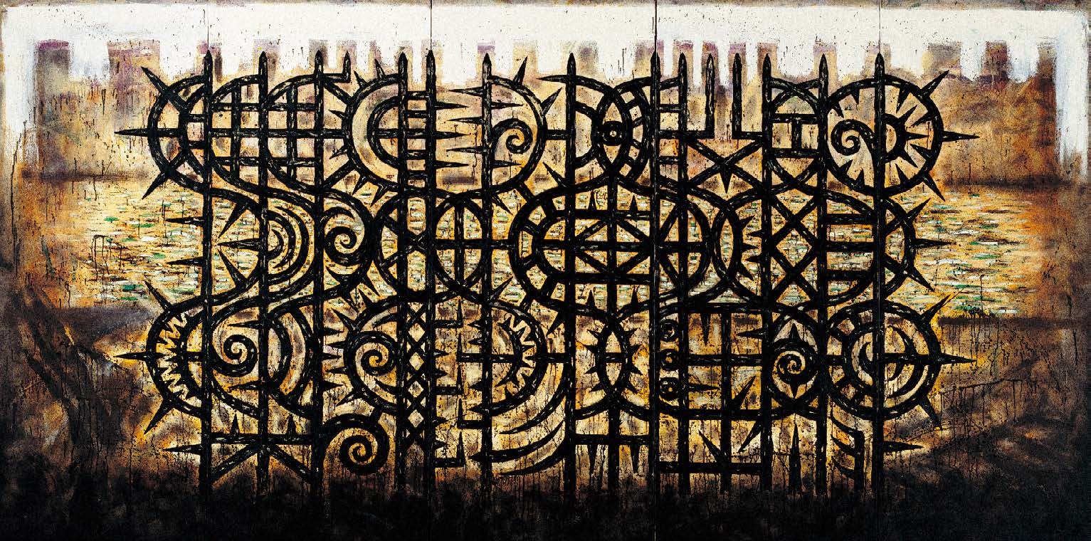 楊仁明 從黑水長出來的新植物 - 欄杆型態(五聯幅) 1994 油彩 400x200