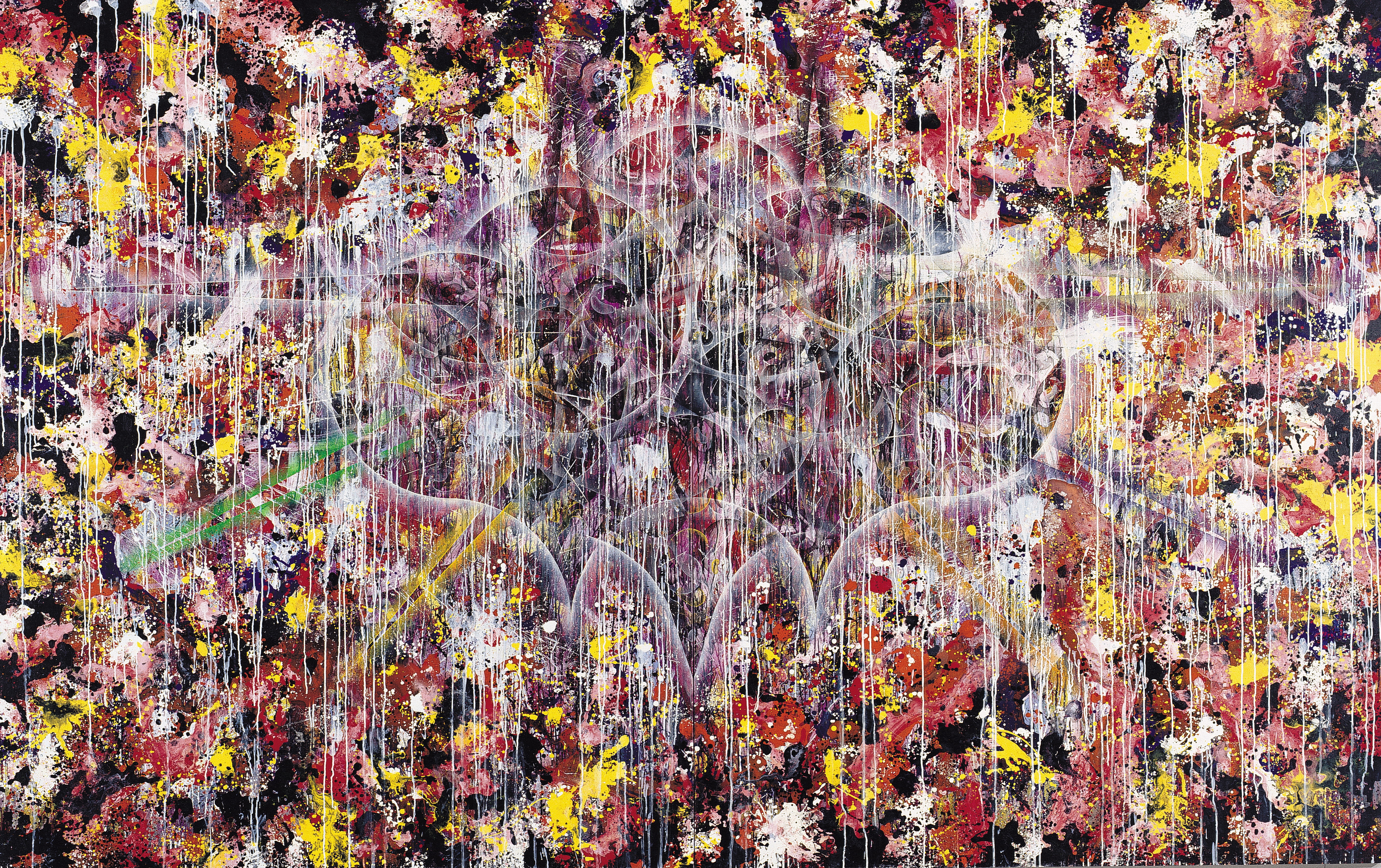 楊仁明 不安定的聯結一舍利子 2001 壓克力油彩 227x364cm(雙聯幅)