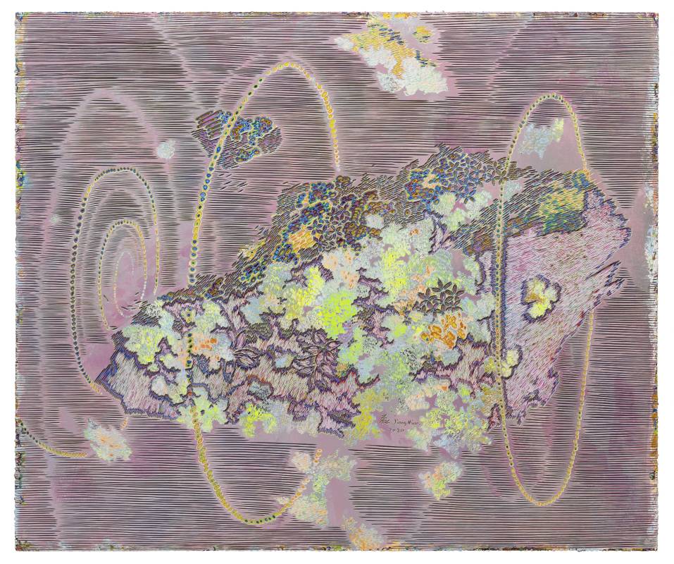 姜淼 Jiang Miao，重生No.9 Reborn No.9，2020，壓克力顏料刀刻於木板上 Acrylic knife engraved on wooden panel，100 x 120 cm