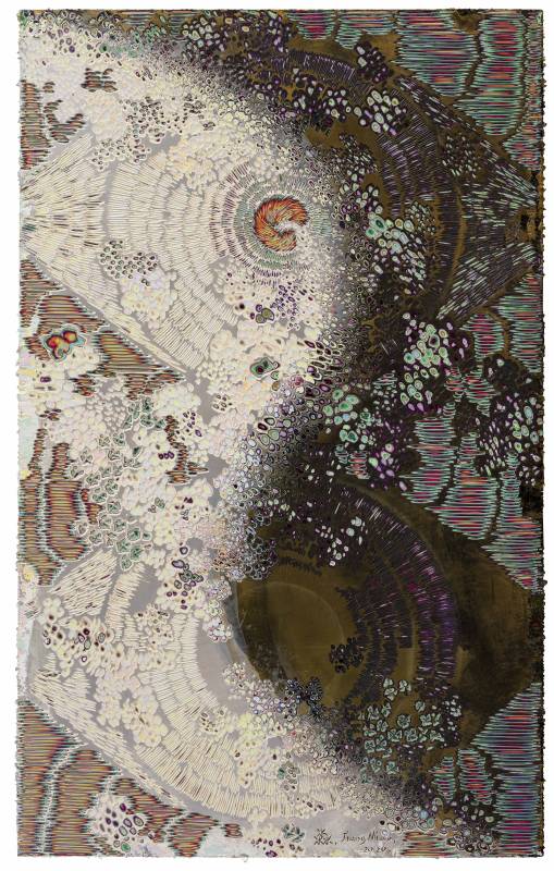 姜淼 Jiang Miao，天眼No.28 Heavenly Eyes No.28，2020，壓克力顏料刀刻於木板上  Acrylic knife engraved on wooden panel，99 x 55 cm