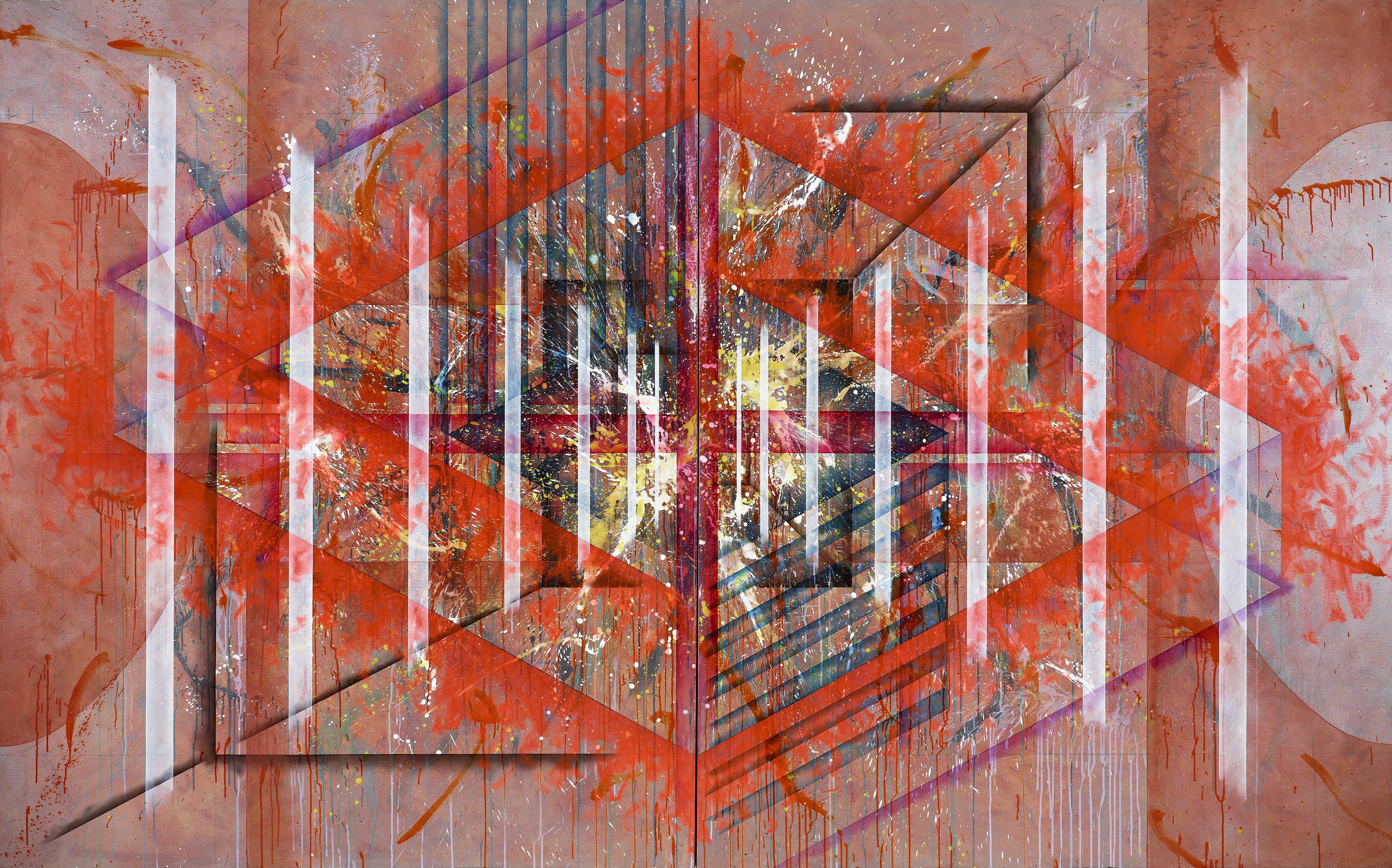 楊仁明 打底加邊未確定的禮盒 2011 壓克力,油彩 227x364cm(雙聯幅,單幅182x227cm)