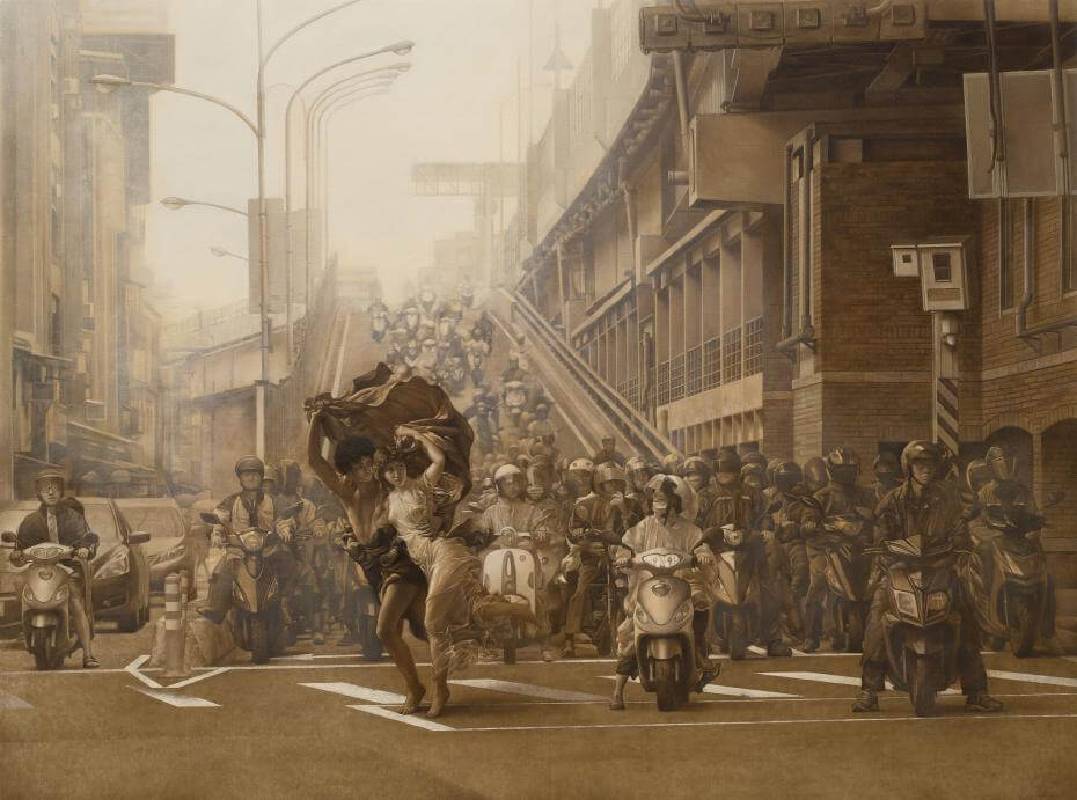 盧昉，《暴風雨前的台北橋》，146 x 195 cm，油彩畫布，2019。（圖／多納藝術提供）