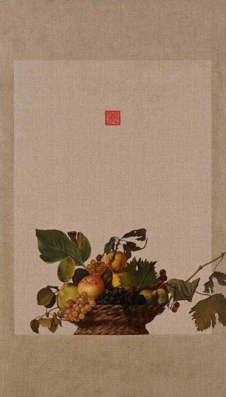 盧昉，《卡拉瓦喬的進貢：郎世寧的油彩實驗系列》，油彩畫布，105 x 60 cm，2018。（圖／多納藝術提供）