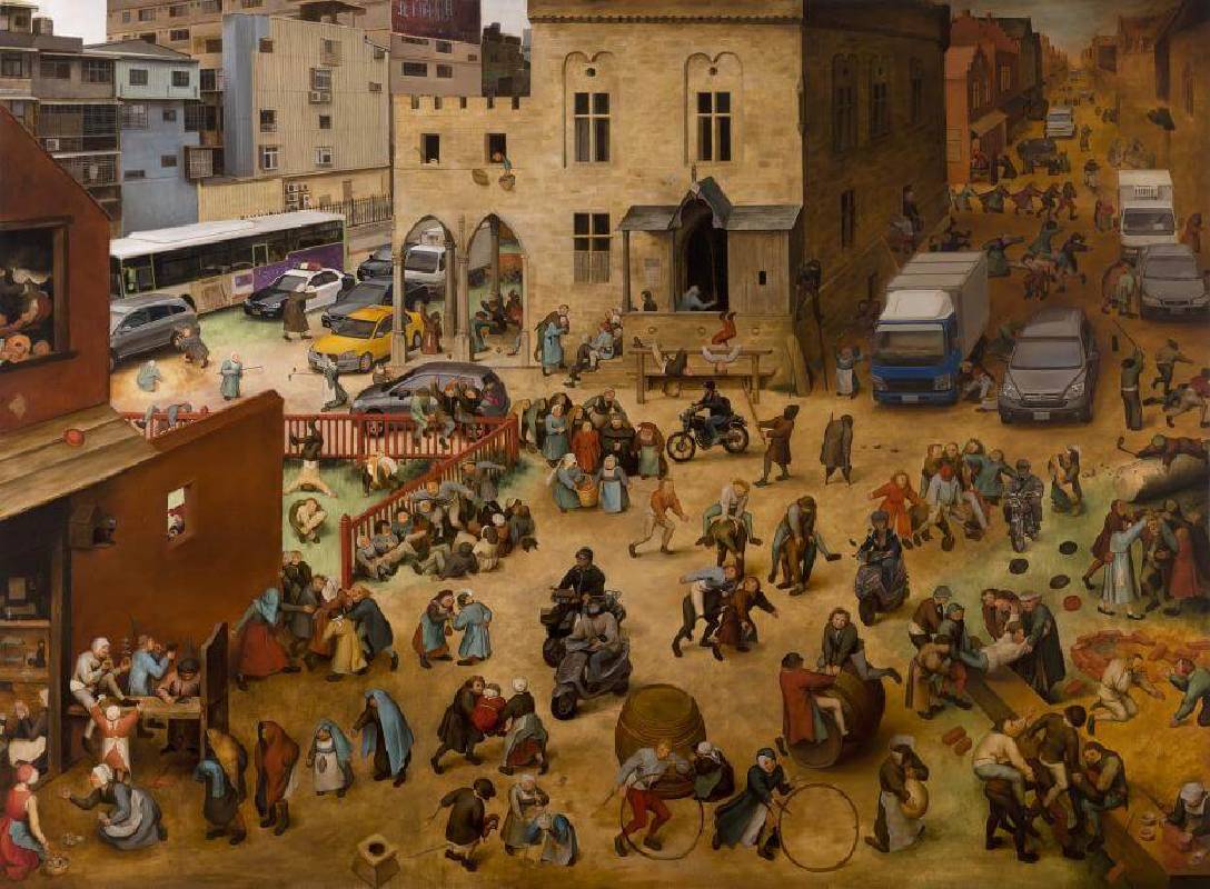 盧昉，《古今人車爭道》，118 x 160.5 cm，油畫，2013。（圖／多納藝術提供）