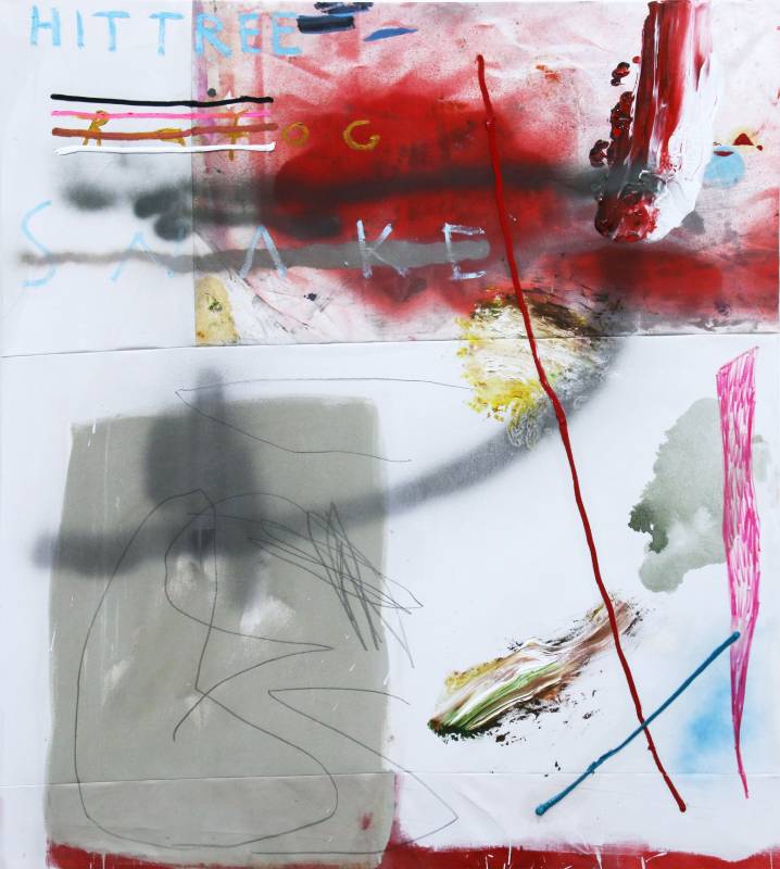 Mario Weinberg Hit and Run 2020年 140x125cm 油彩.壓克力顏料.噴漆.縫紉線.鉛筆.畫布