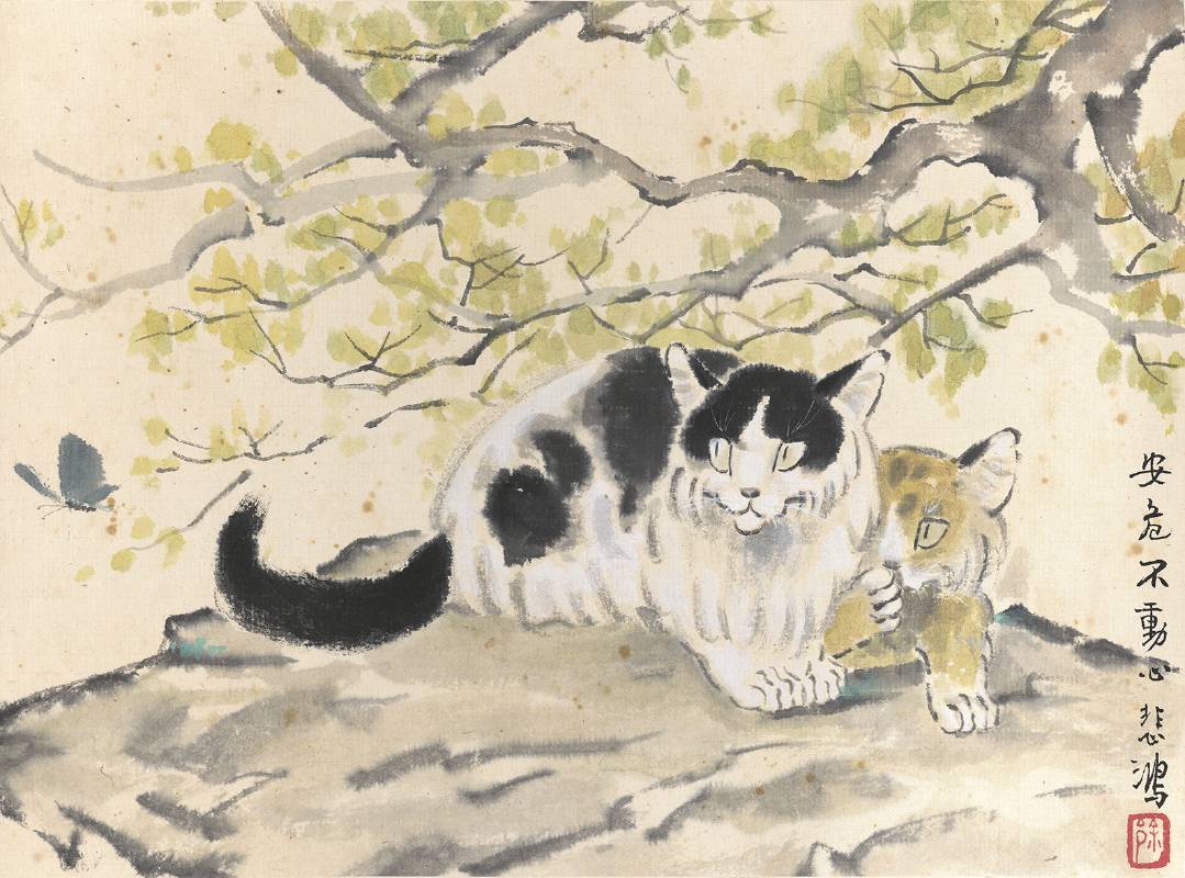 徐悲鴻描繪花貓、虎斑貓前後依偎的畫作〈安危不動〉。 圖/晶美術館提供