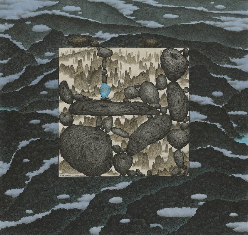 鄧卜君 TENG Pu-Chun_有海藍宝的石窗 Stone Window with an Aquamarine_119x126cm_紙上水墨Ink On Paper_2020