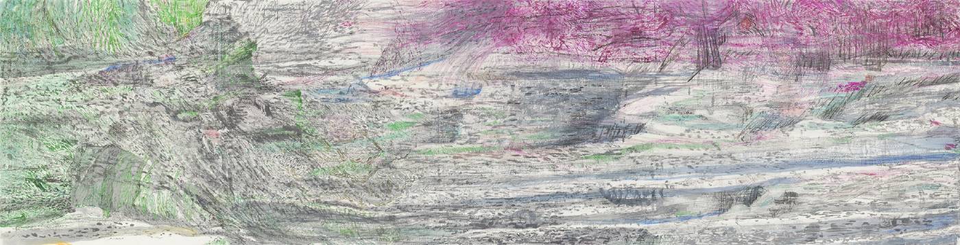  吳軒慧 Wu Husan Hui / 鳥瞰硫磺谷 bird's eye view of Liuhuang (Sulfur) Valley,紙本設色水墨 Colored ink on paper , 35 x 136cm , 2020