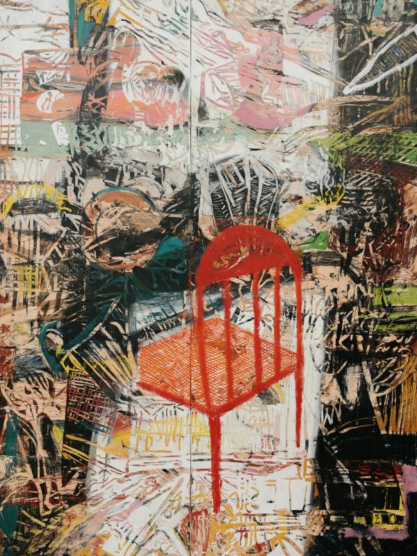 ANGEL OTERO《Red Silence》213.4 x 152.4 x 3.8 cm,oil paint and fabric collaged on canvas,2021