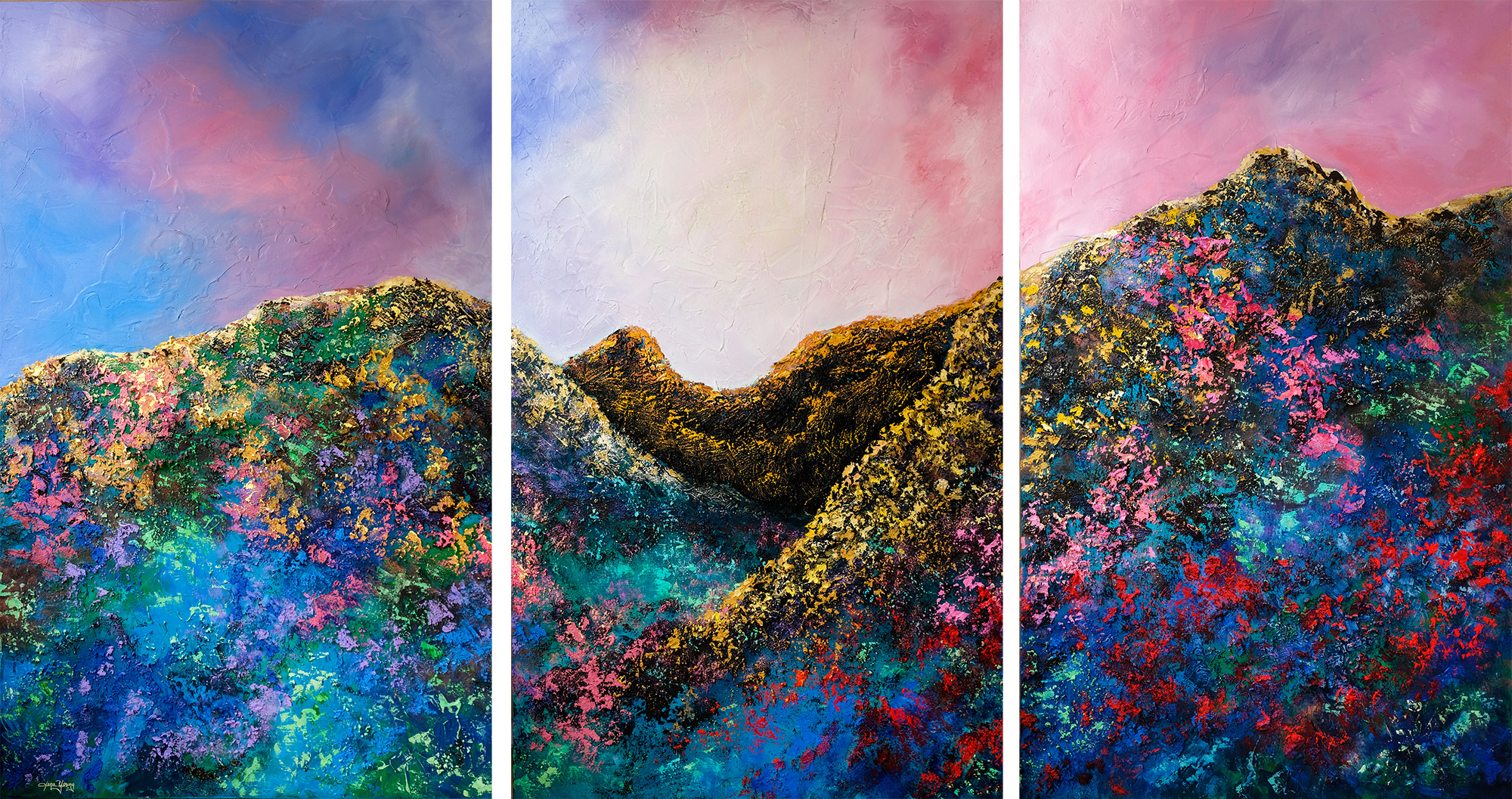 Glory 光耀 2019 油彩、壓克力、玻璃珠、沙 122x229cm (三連幅)